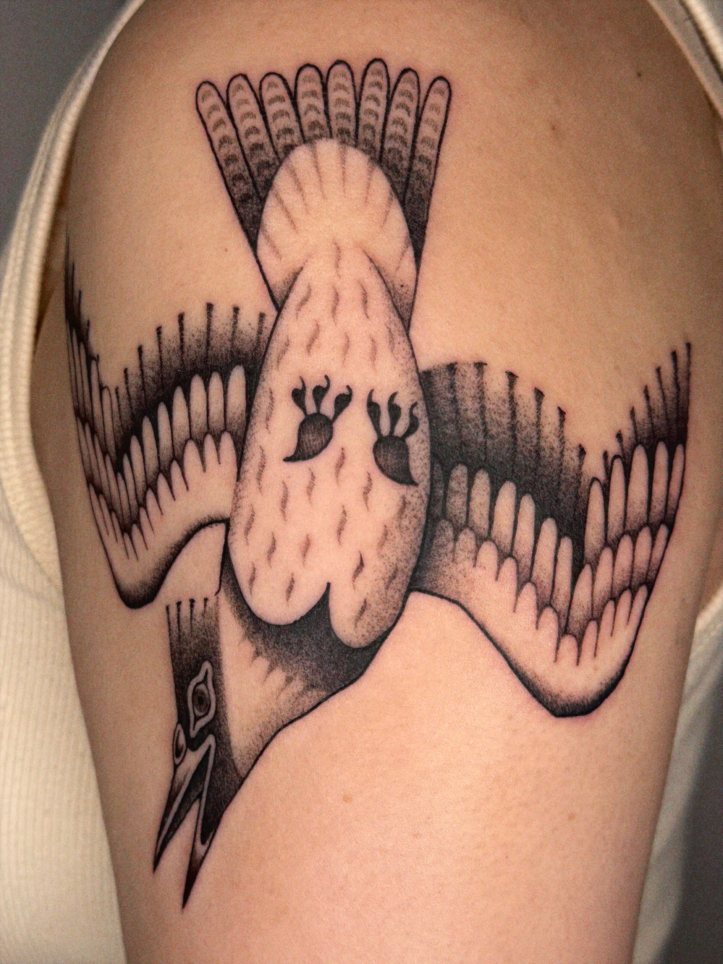 Bird black and grey tattoo on the shoulder by @inkshame