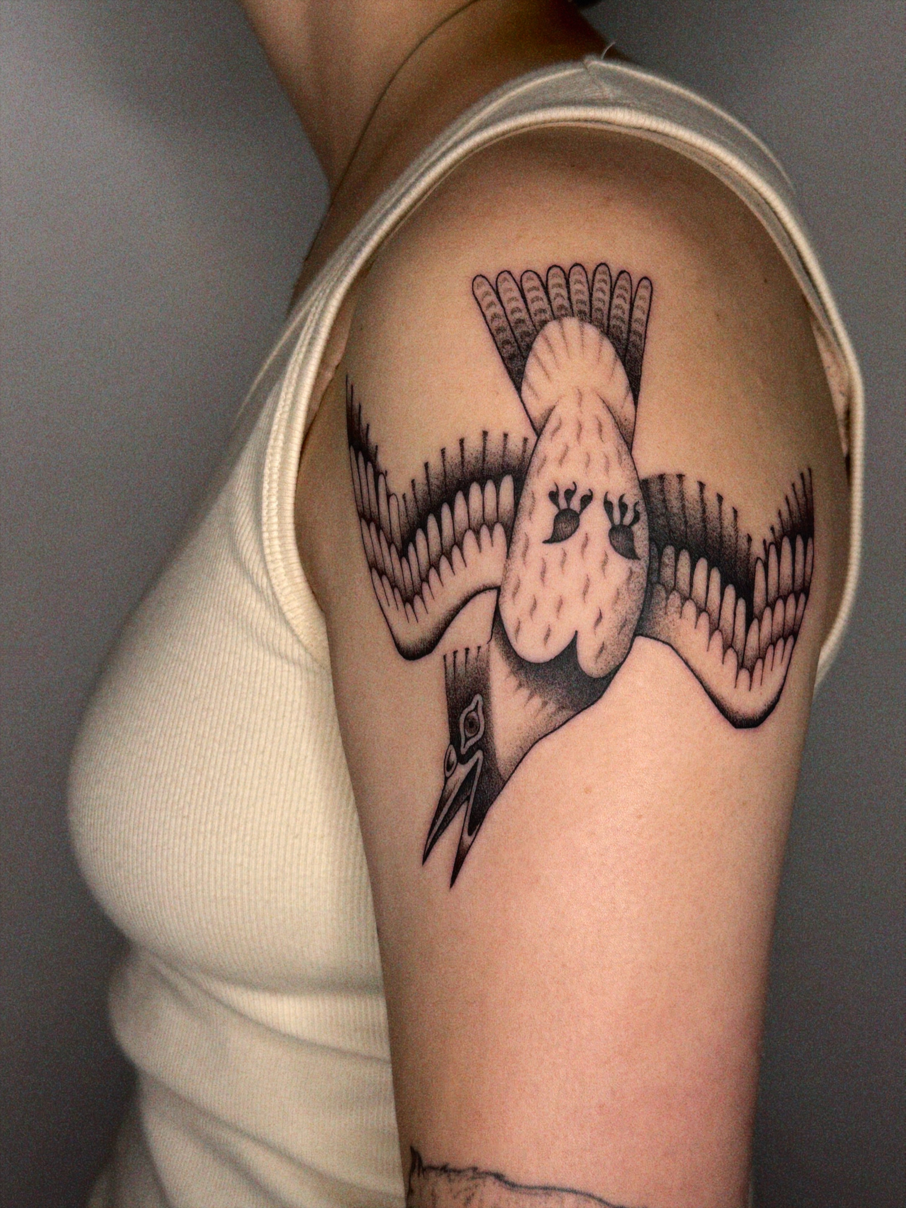Birds black and grey tattoo on the shoulder by @inkshame