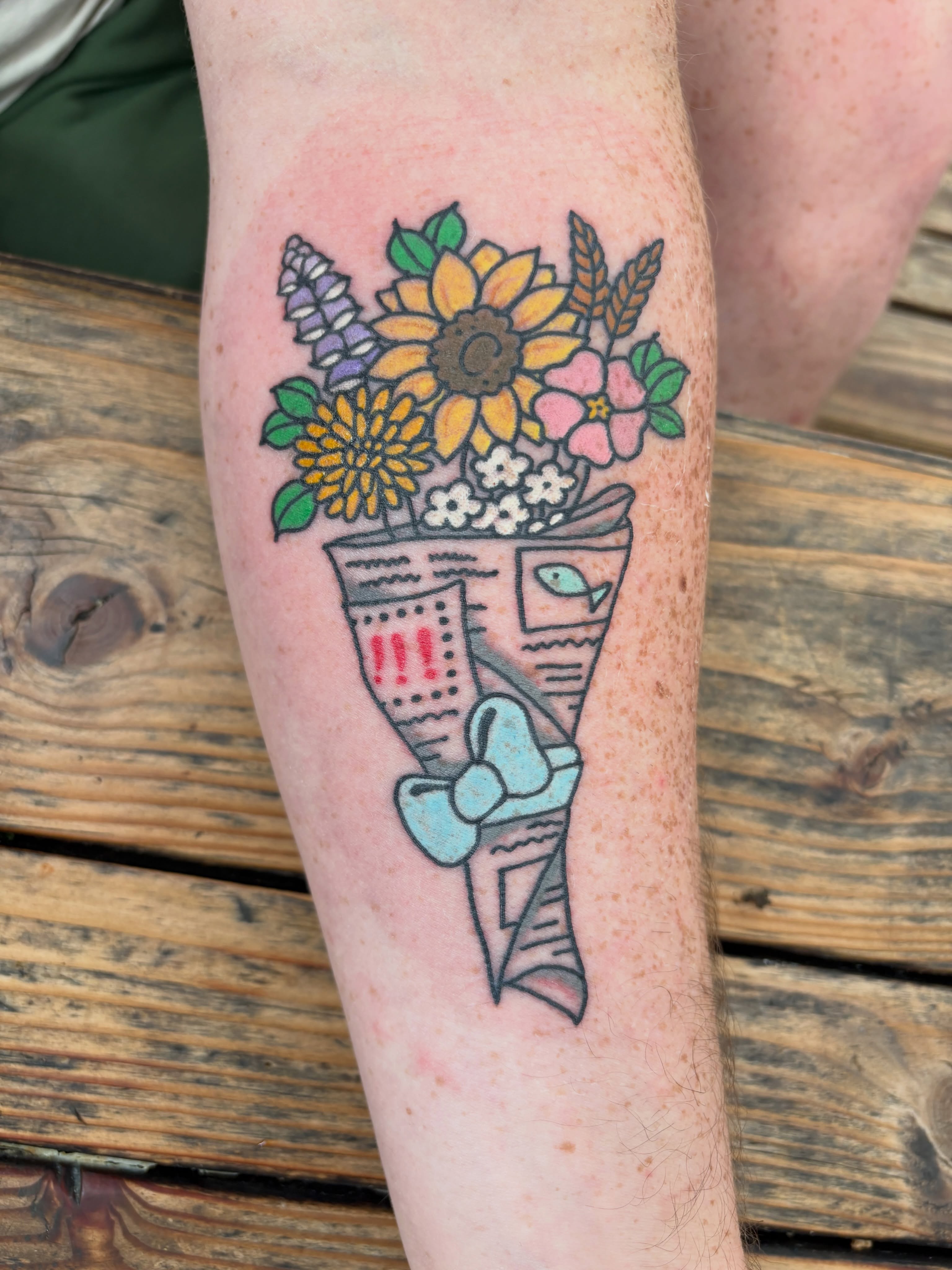 Flower bouquet American traditional tattoo on the forearm by Kimber Teatro, Portland, Oregon