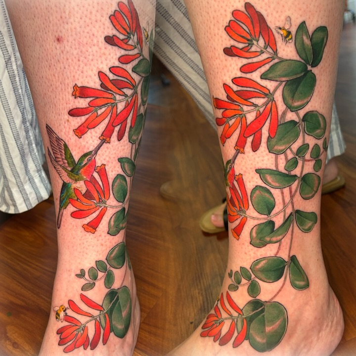 Flower and hummingbird realism tattoo on the calf by Anna Sylvan Tattoos