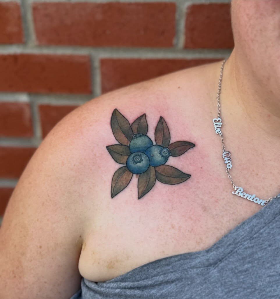 Blueberries realism tattoo on the shoulder by Aly Rucker, Murfreesboro, Tennessee