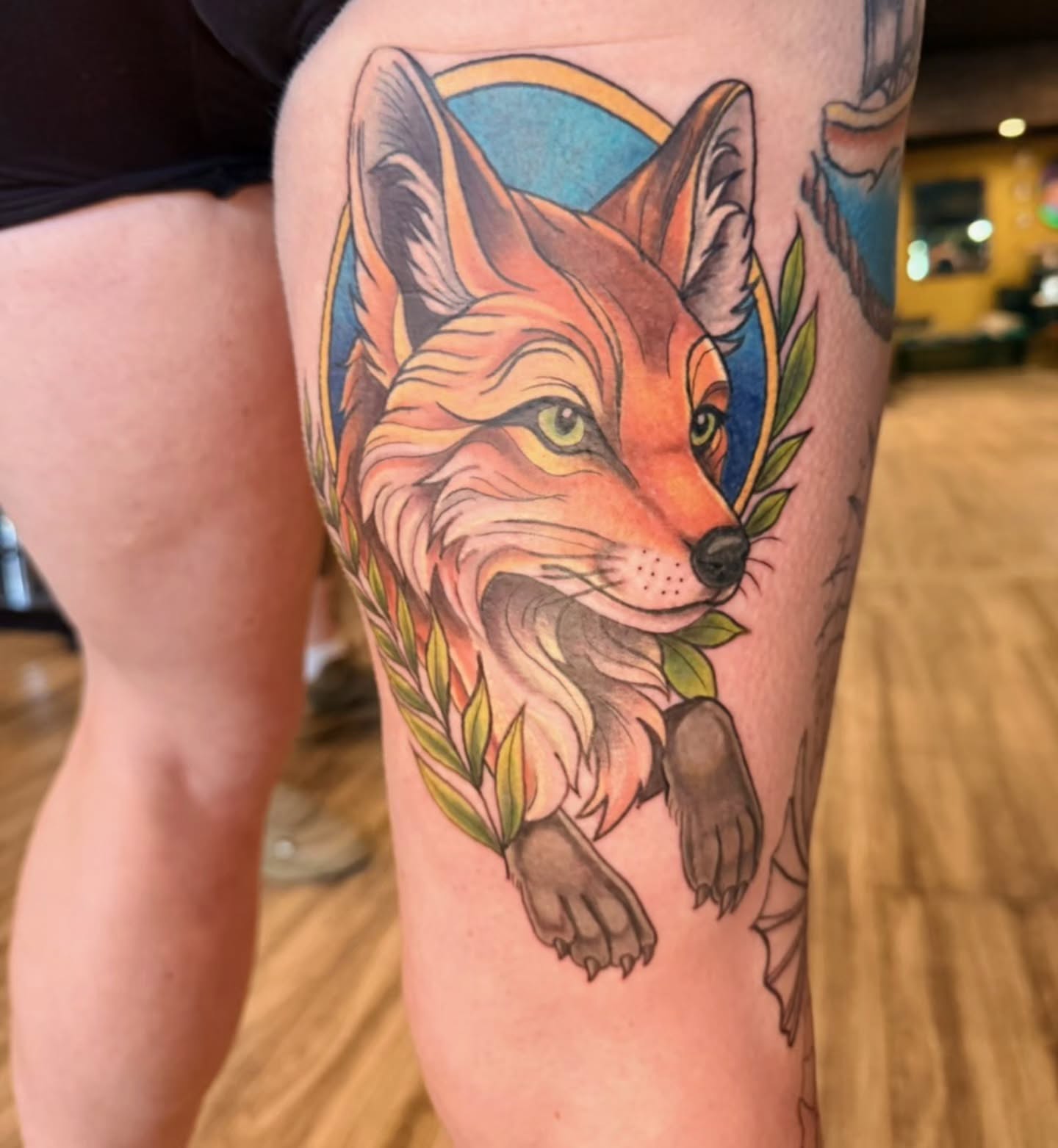 Fox realism tattoo on the thigh by Nicci