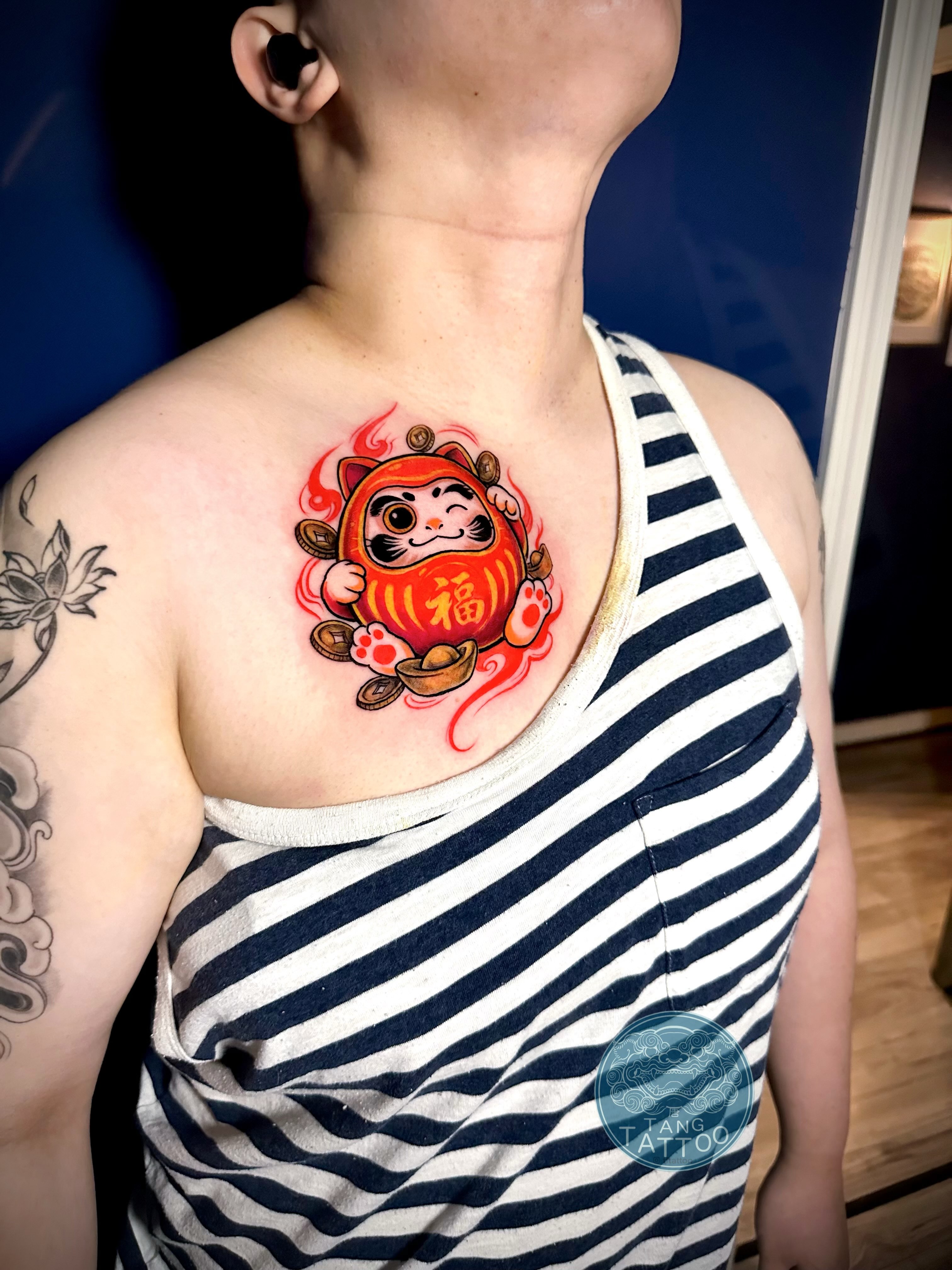 Maneki-neko dotwork tattoo on the chest by Tang tattoo, Houston, Texas