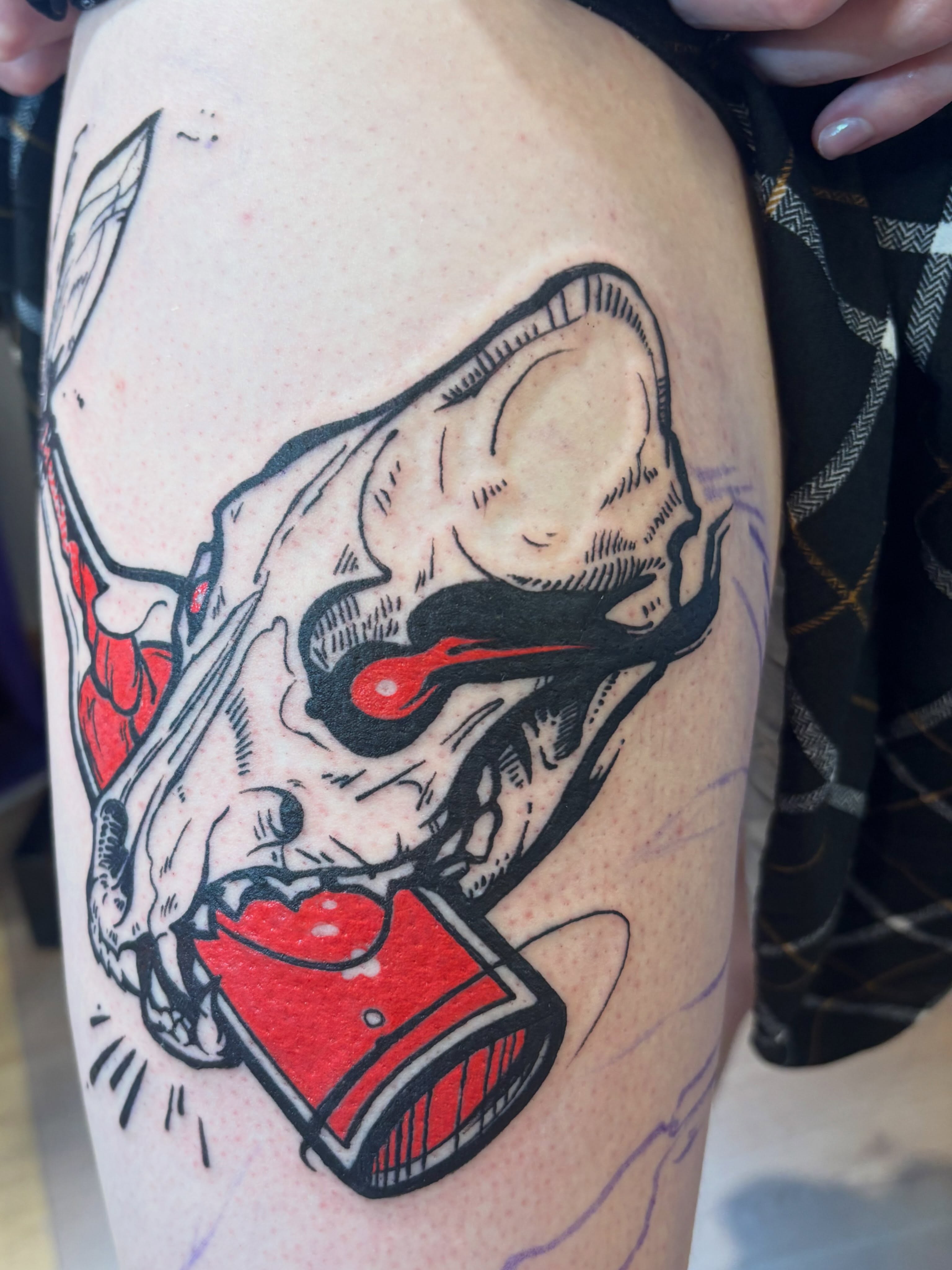Skull with heart American traditional tattoo on the thigh by Zoe Brookes