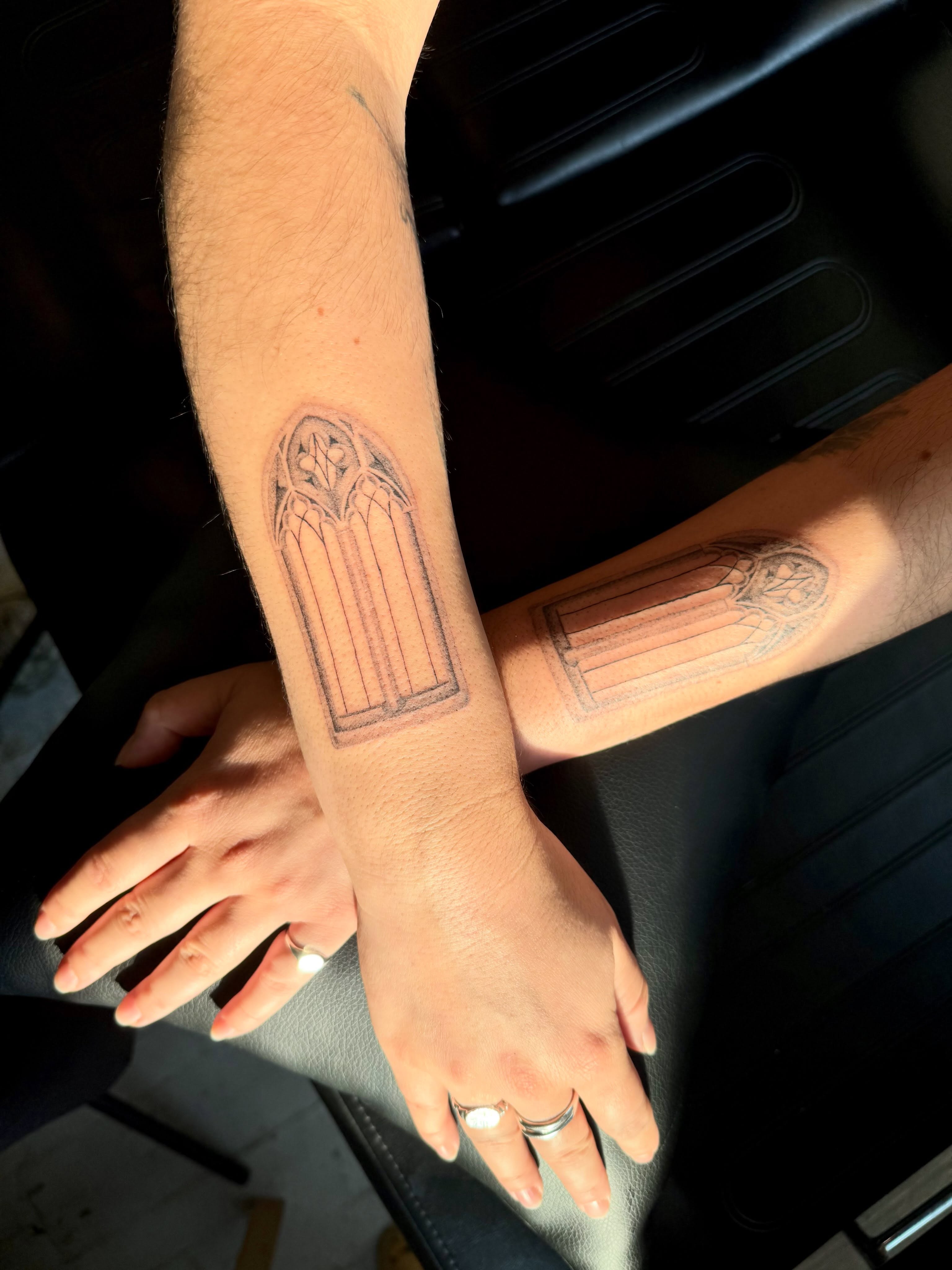 Gothic window black and grey tattoo on the forearm by Kenny ๐ด
