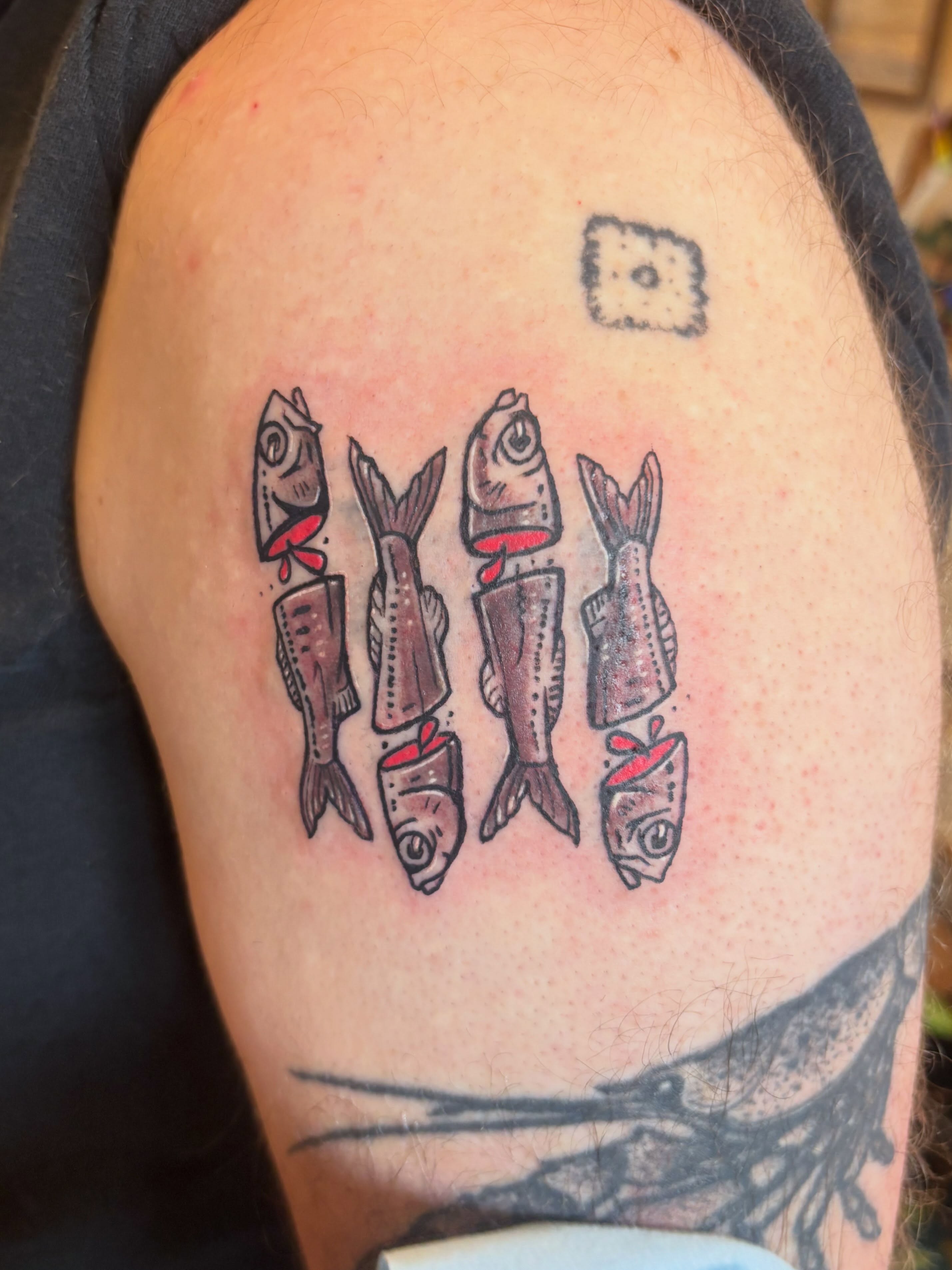 Fishes dotwork tattoo on the shoulder by Zoe Brookes