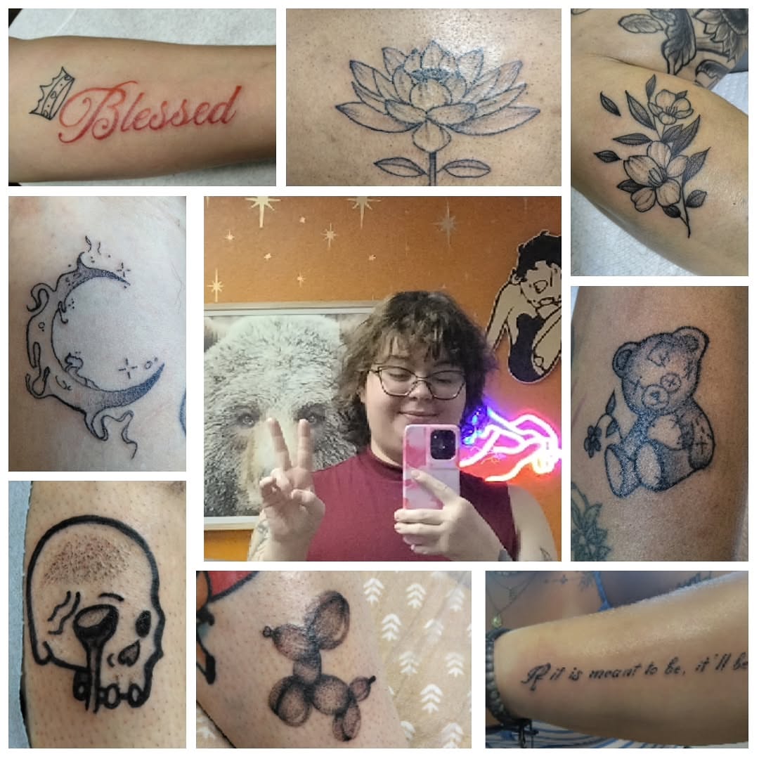 Blessed lettering script tattoo on the upper arm by Malynda