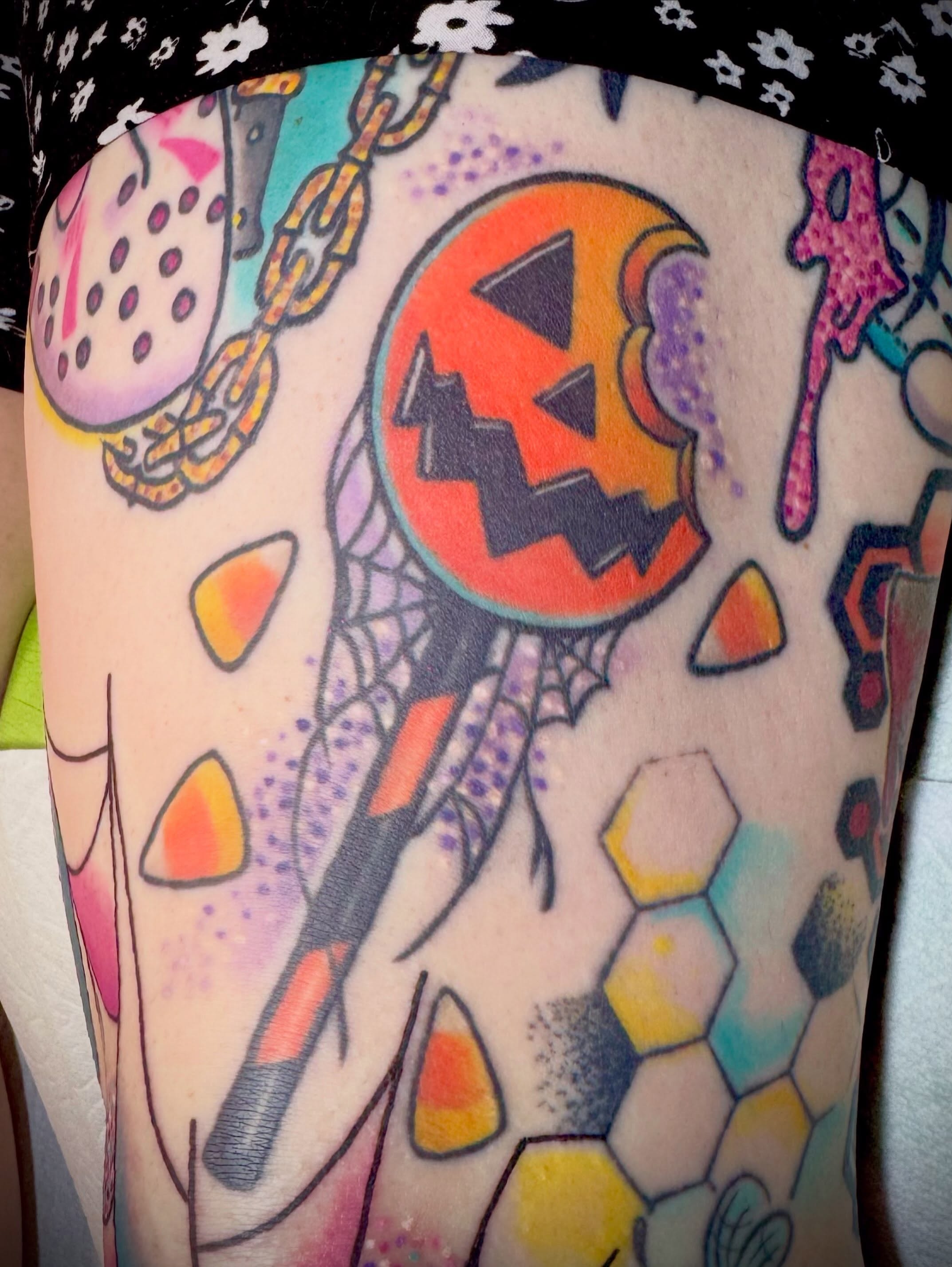 Jack-o'-lantern American traditional tattoo on the forearm by San Diego Tattoo Artist