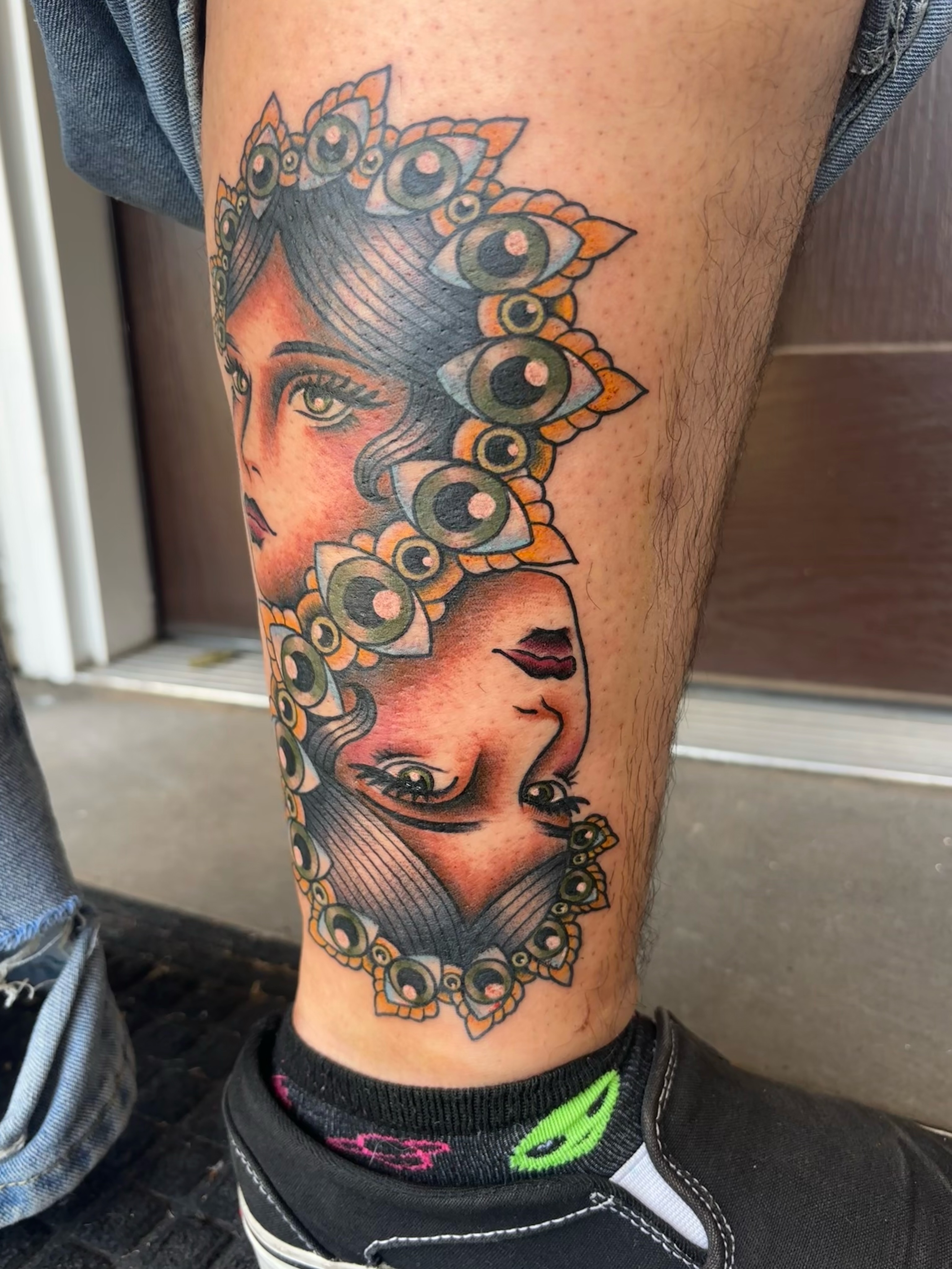 Woman with floral crown neo-traditional tattoo on the forearm by Emmy Stepien
