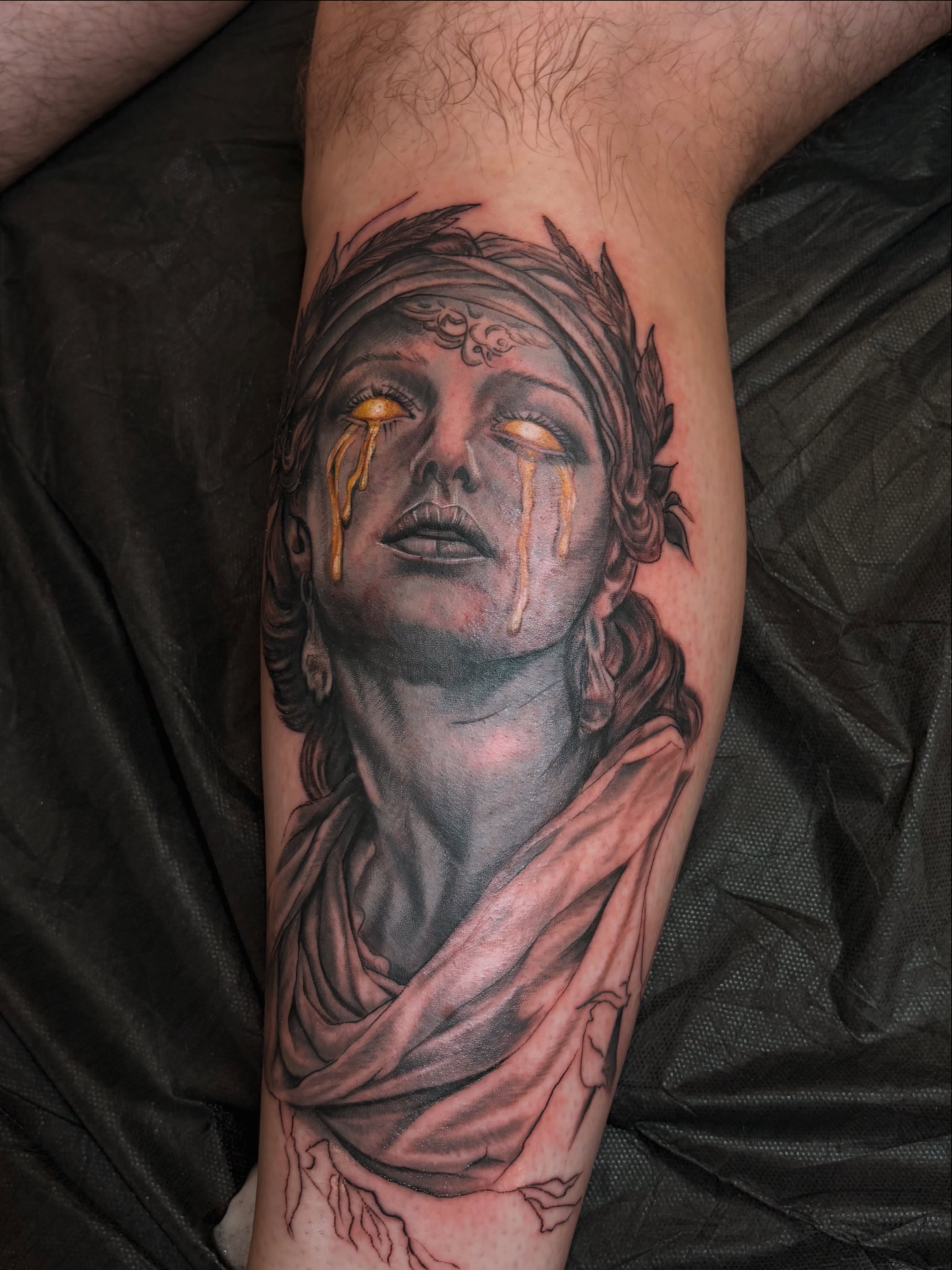 Weeping woman realism tattoo on the forearm by Inked By E, Philadelphia, Pennsylvania