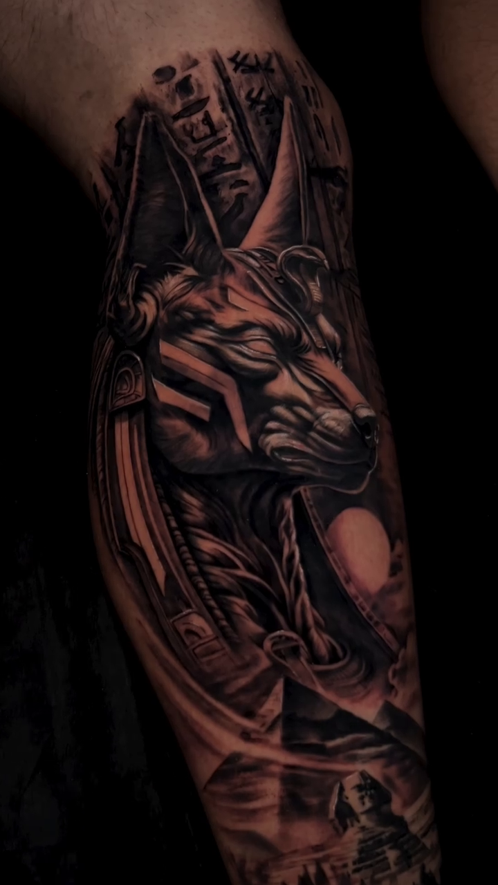 Anubis with Egyptian motifs realism tattoo by Claude Steven Estrada, Las Vegas, Nevada