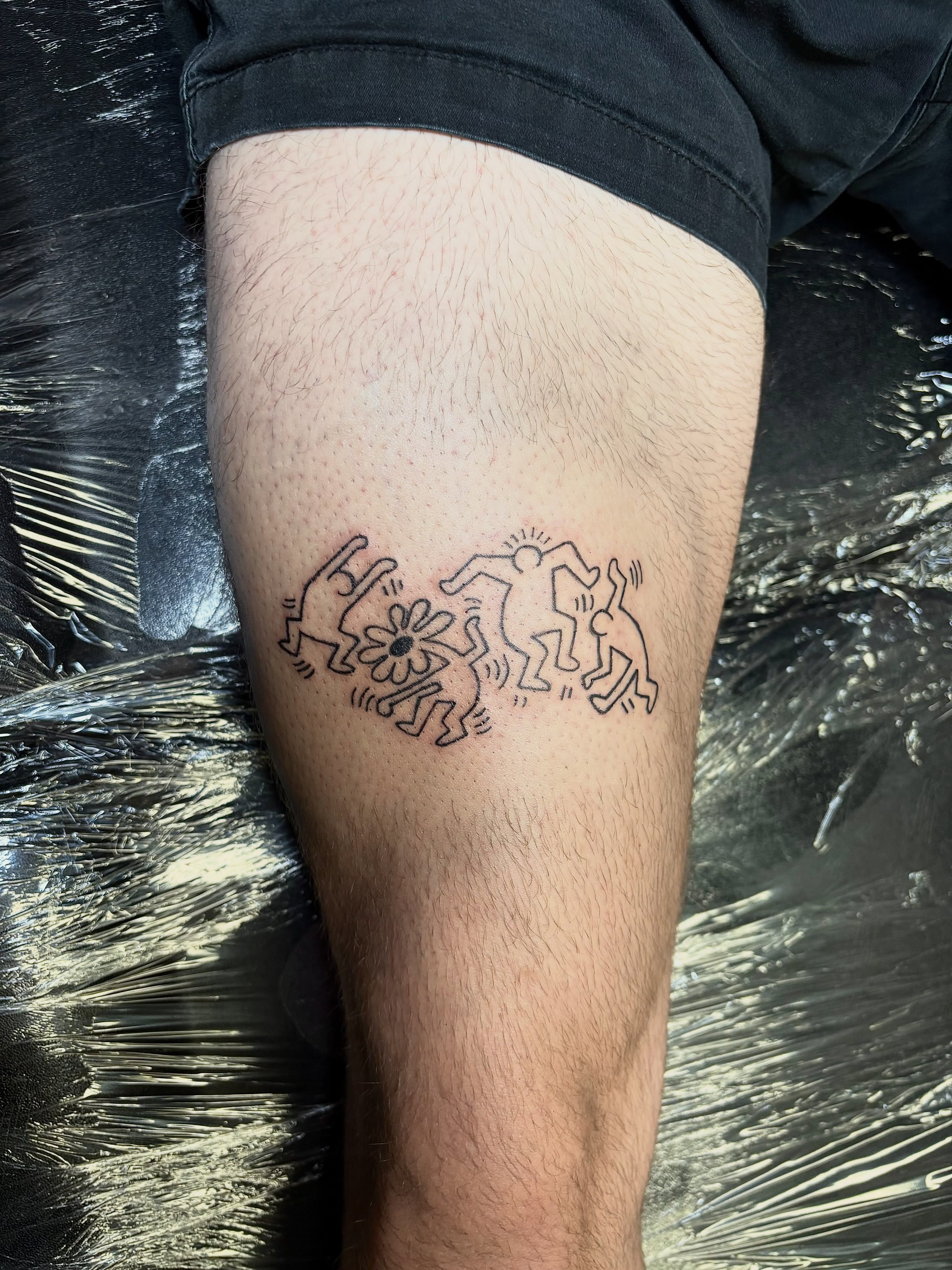 Abstract figures minimalist tattoo on the thigh by Hailee Wallace Brussow