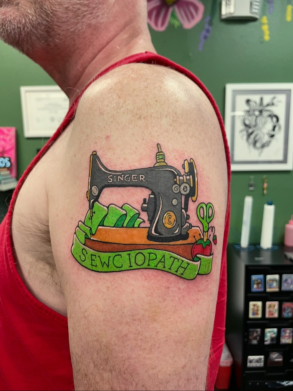 Sewing machine new school tattoo on the shoulder by 𝕲𝖗𝖆𝖈𝖊 🥀 ᴛᴀᴛᴛᴏᴏ