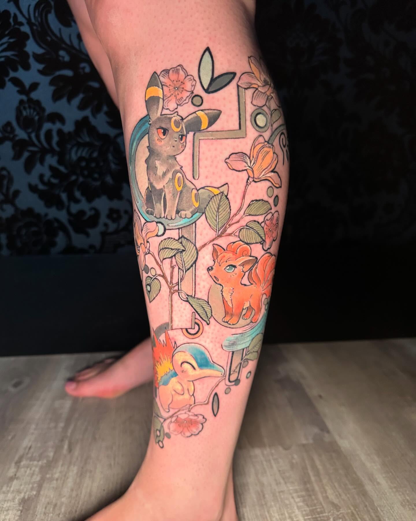 Pokémon characters new school tattoo on the forearm by Cassandra Rasper-Beard