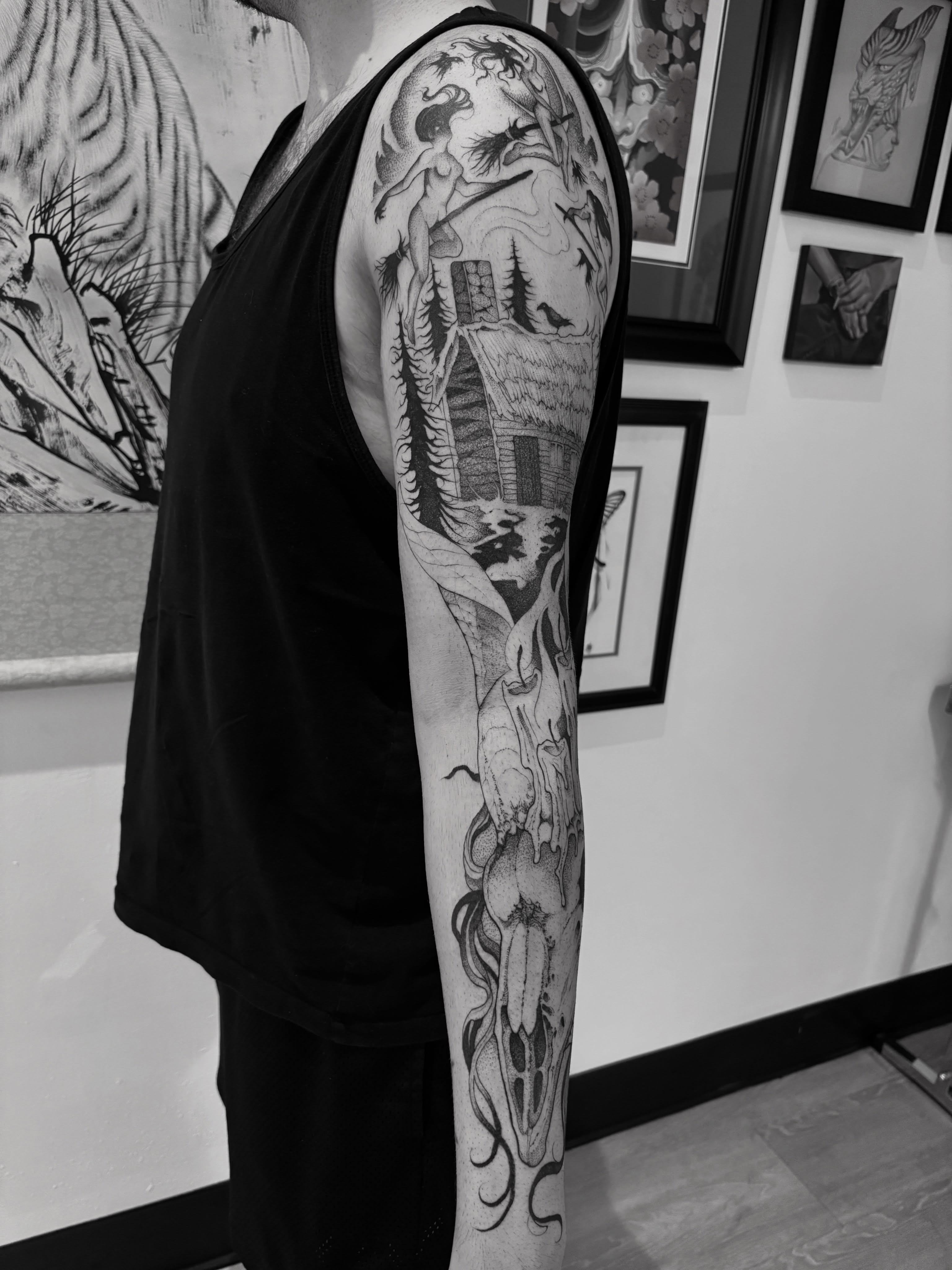 Forest scene realism tattoo on the forearm by Becci Chelicerata