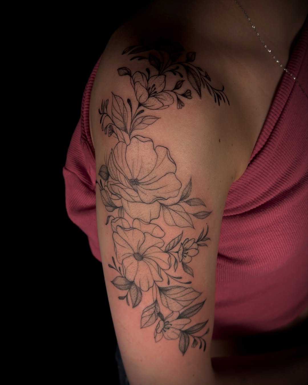 Floral bouquet black and grey tattoo on the upper arm by ollie b ⋆⟡⋆, Dayton, Ohio