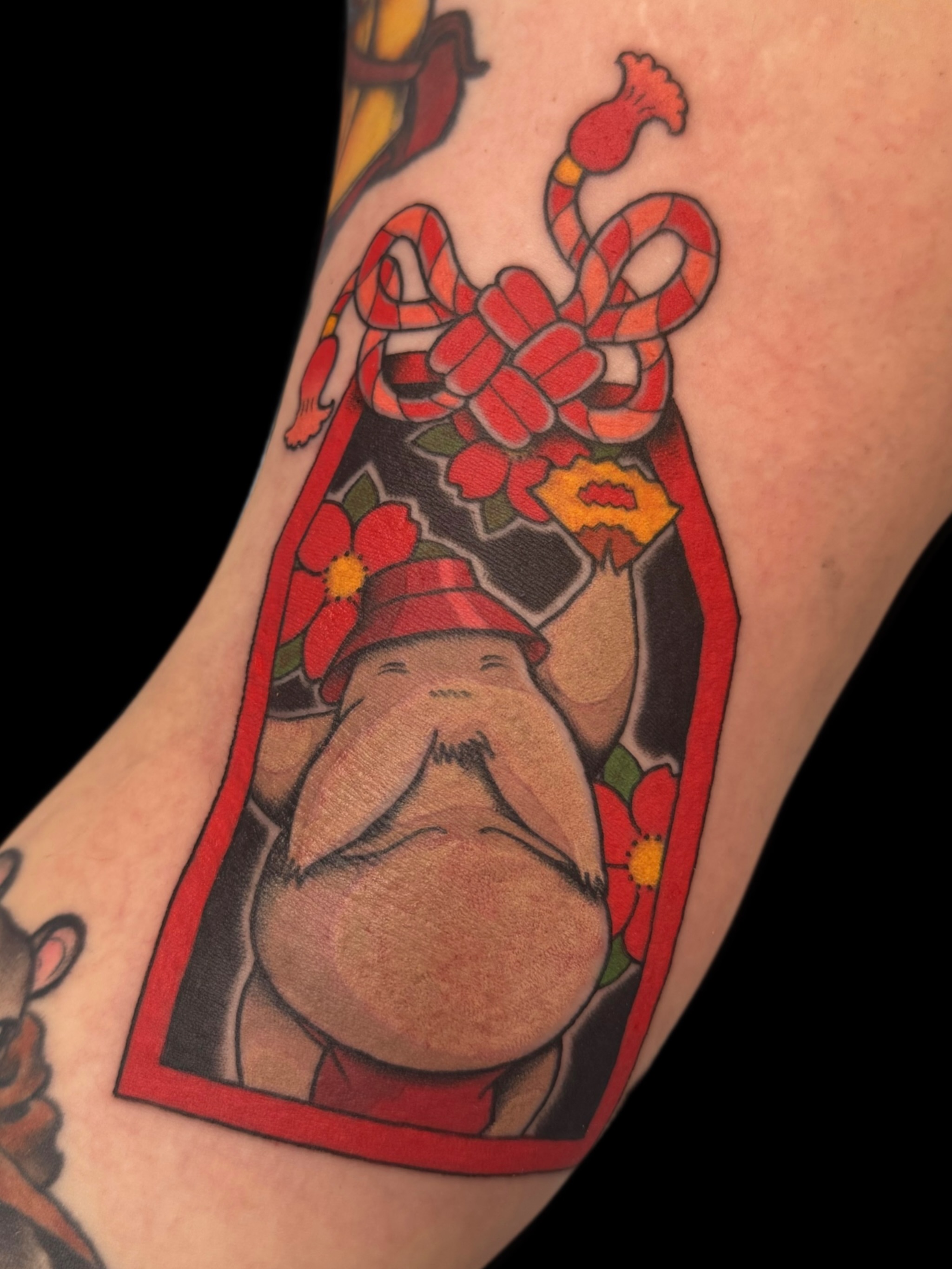 Fat man with mustache American traditional tattoo on the forearm by Anna Wall