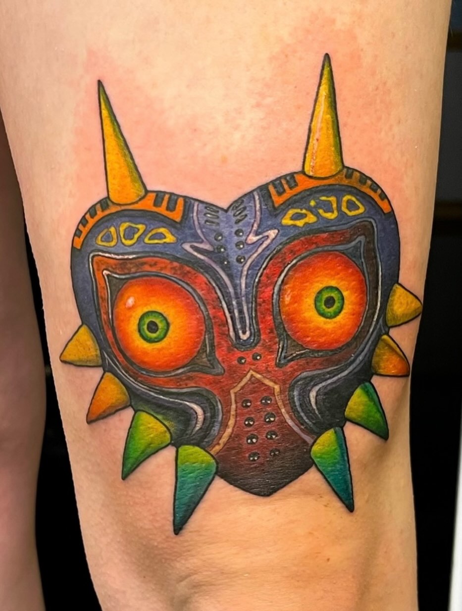 Majora's Mask dotwork tattoo on the forearm by Taylor Tha Color Queen
