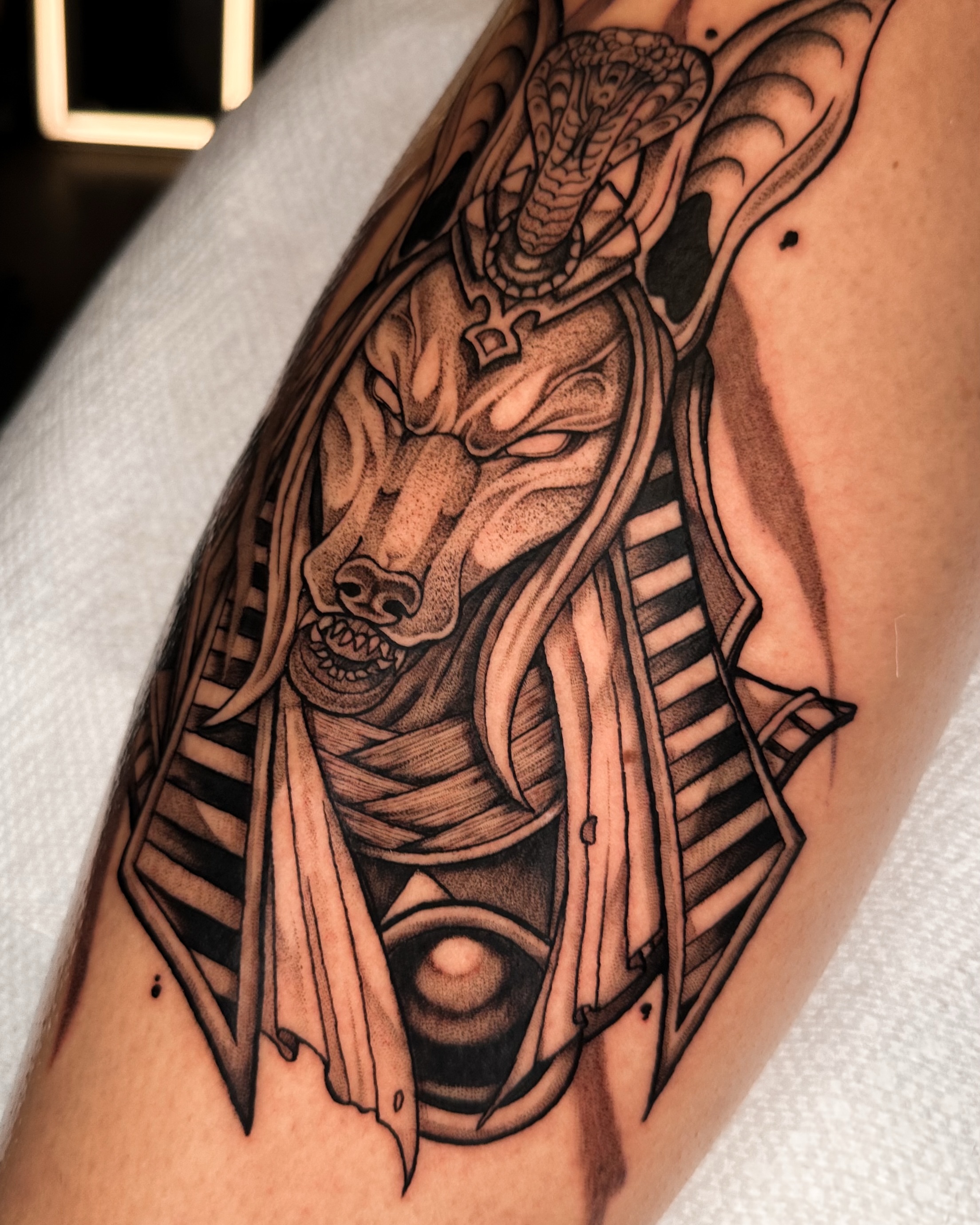 Ancient Egyptian god geometric tattoo on the forearm by Taylin Johnson- Illustrative Blackwork, Columbus, Ohio