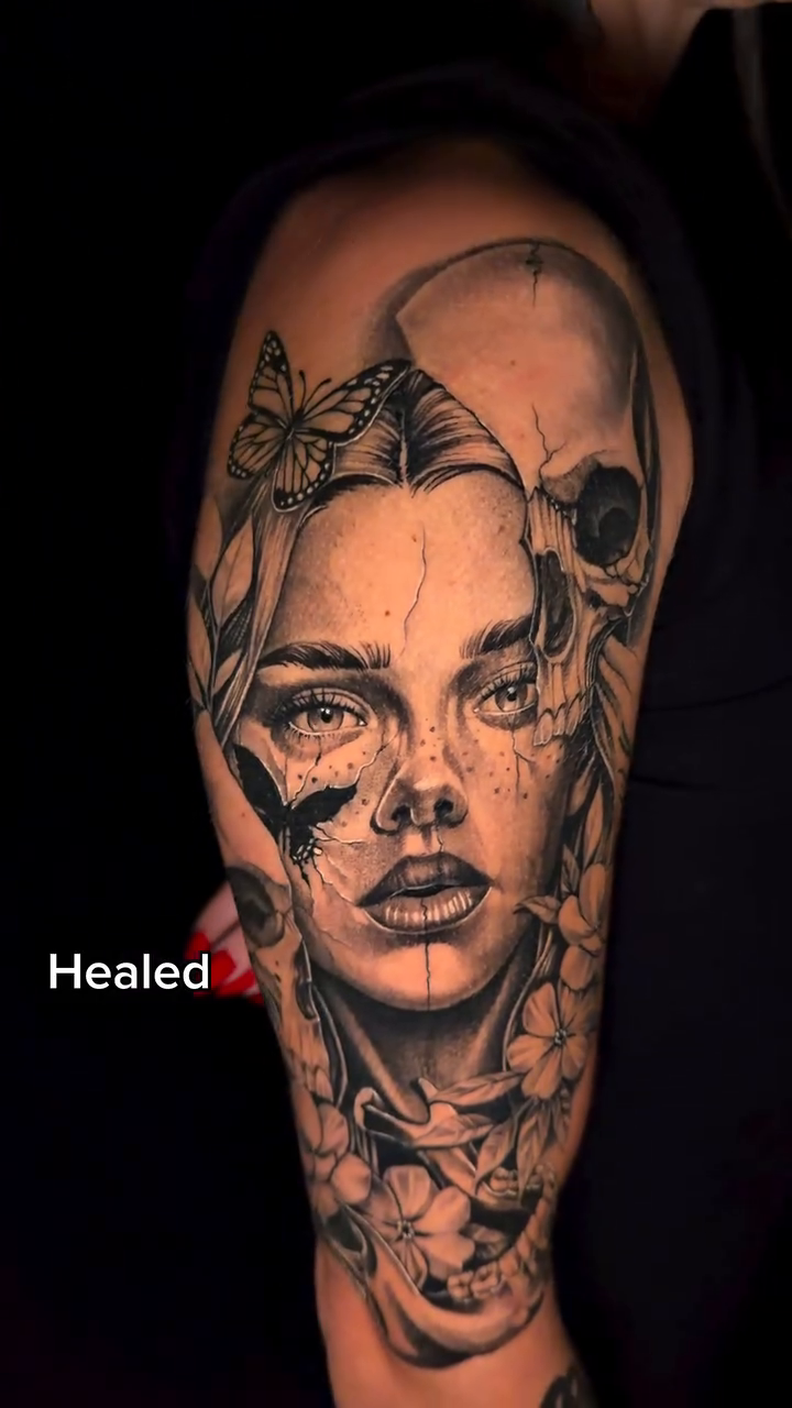 Woman and skull dark realism tattoo by Travis Sleeper