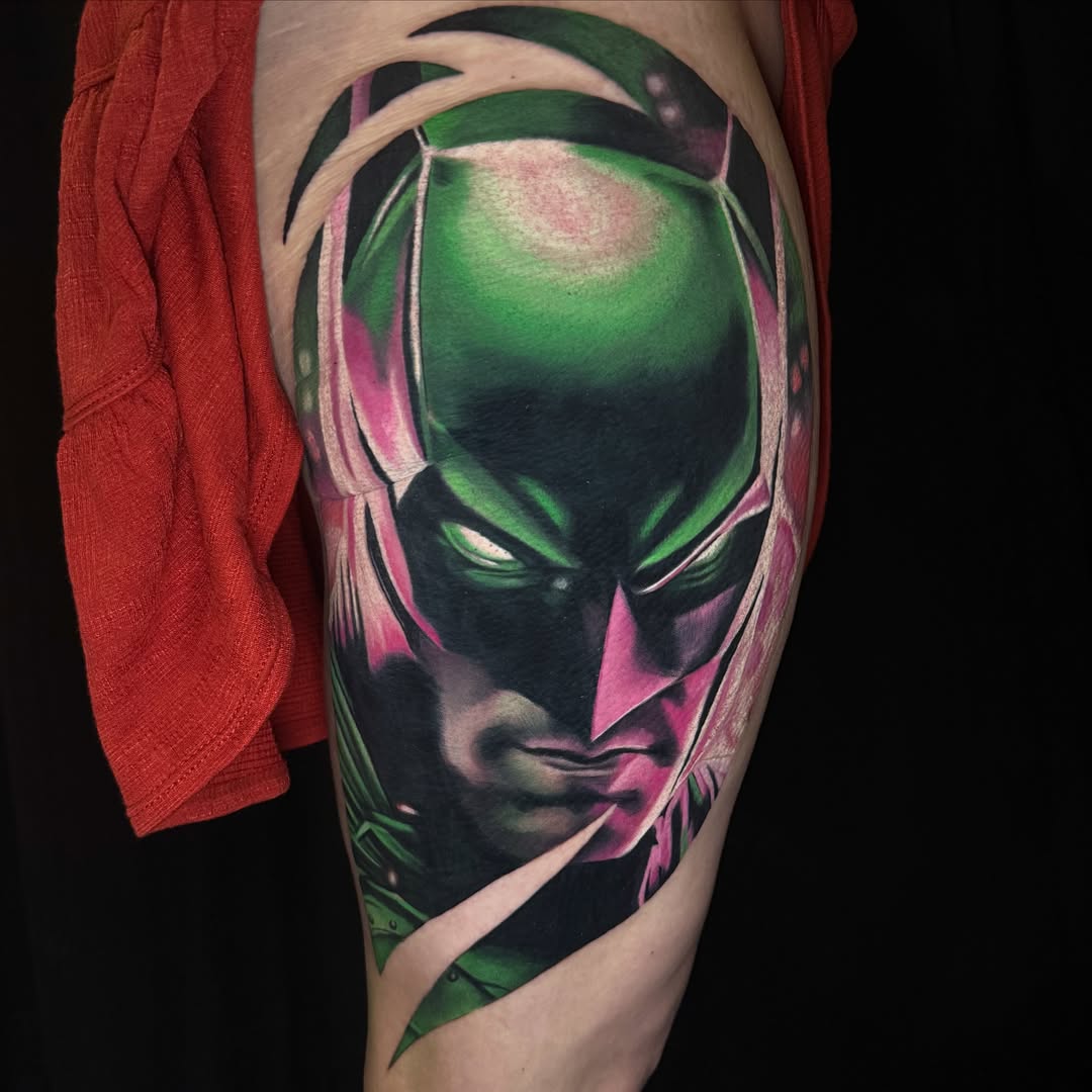 Green Lantern realism tattoo on the thigh by Dustin Kaiser, Mentor, Ohio
