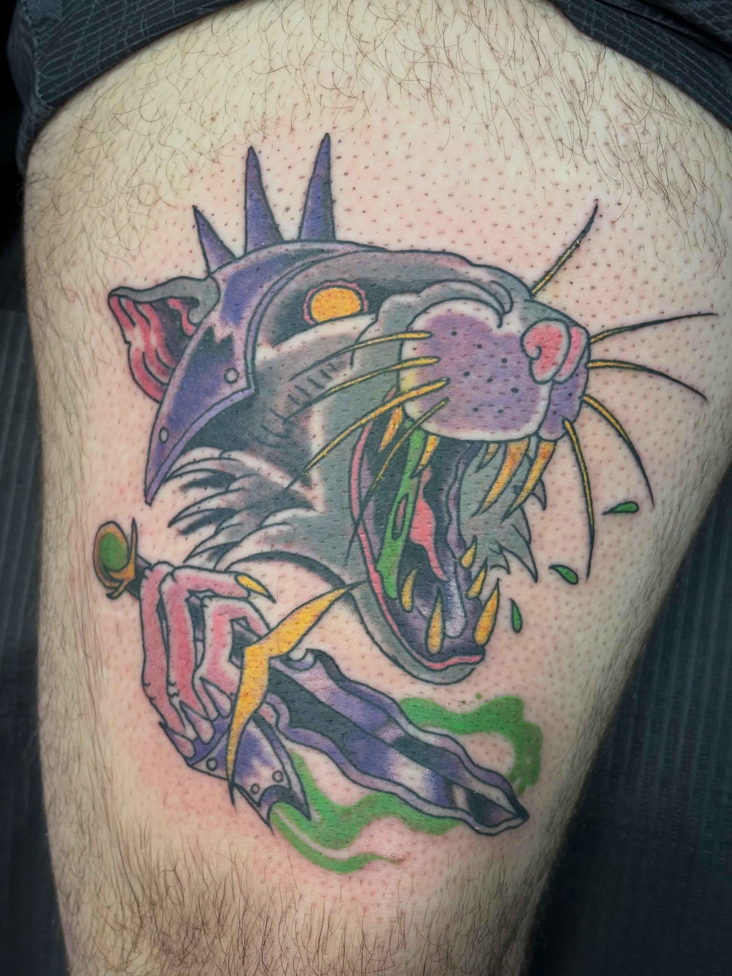Mechanical cat new school tattoo on the thigh by Jason Allen, Avondale, Arizona