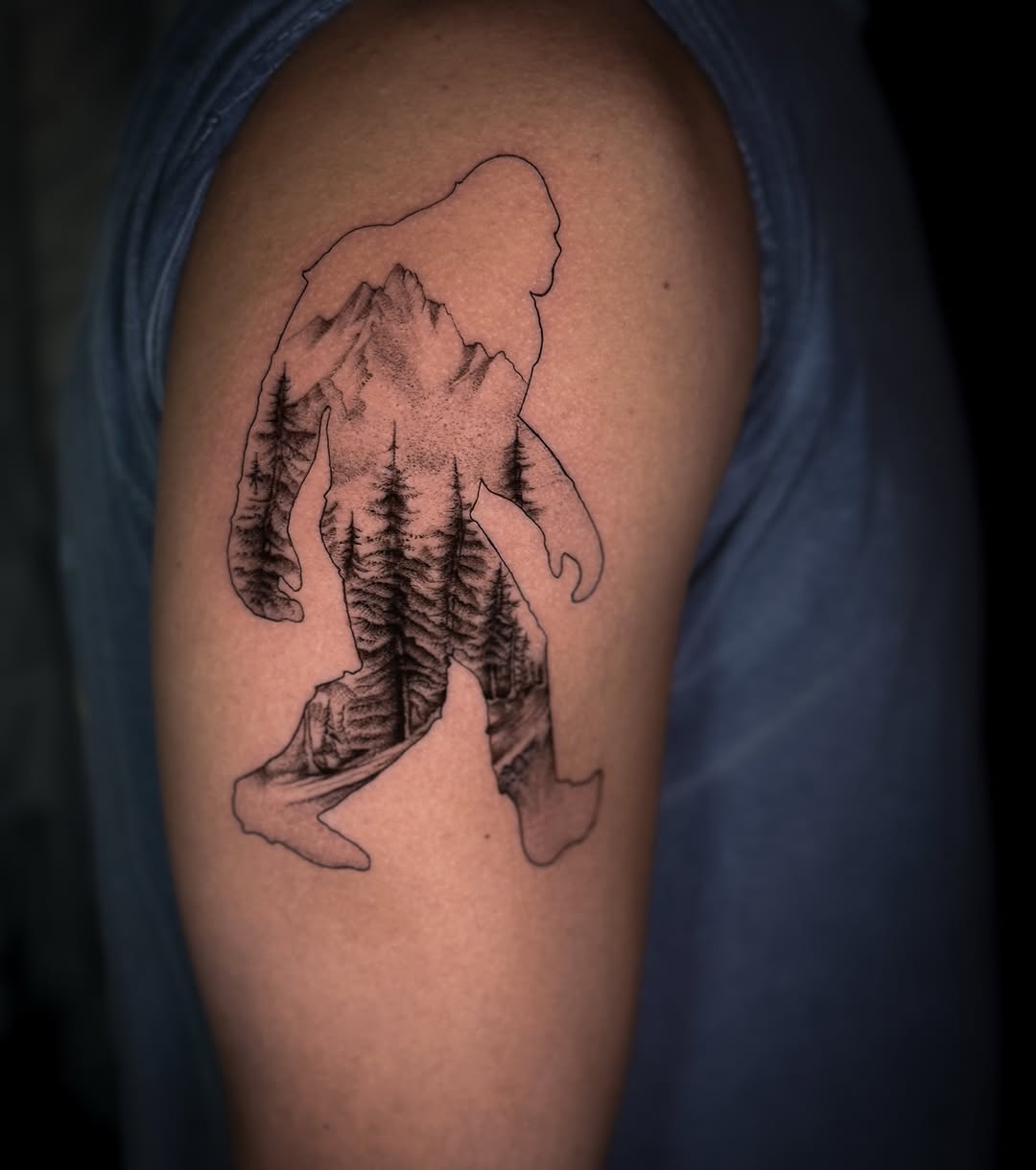 Mountain landscape black and grey tattoo on the shoulder by Jennifer Ramirez