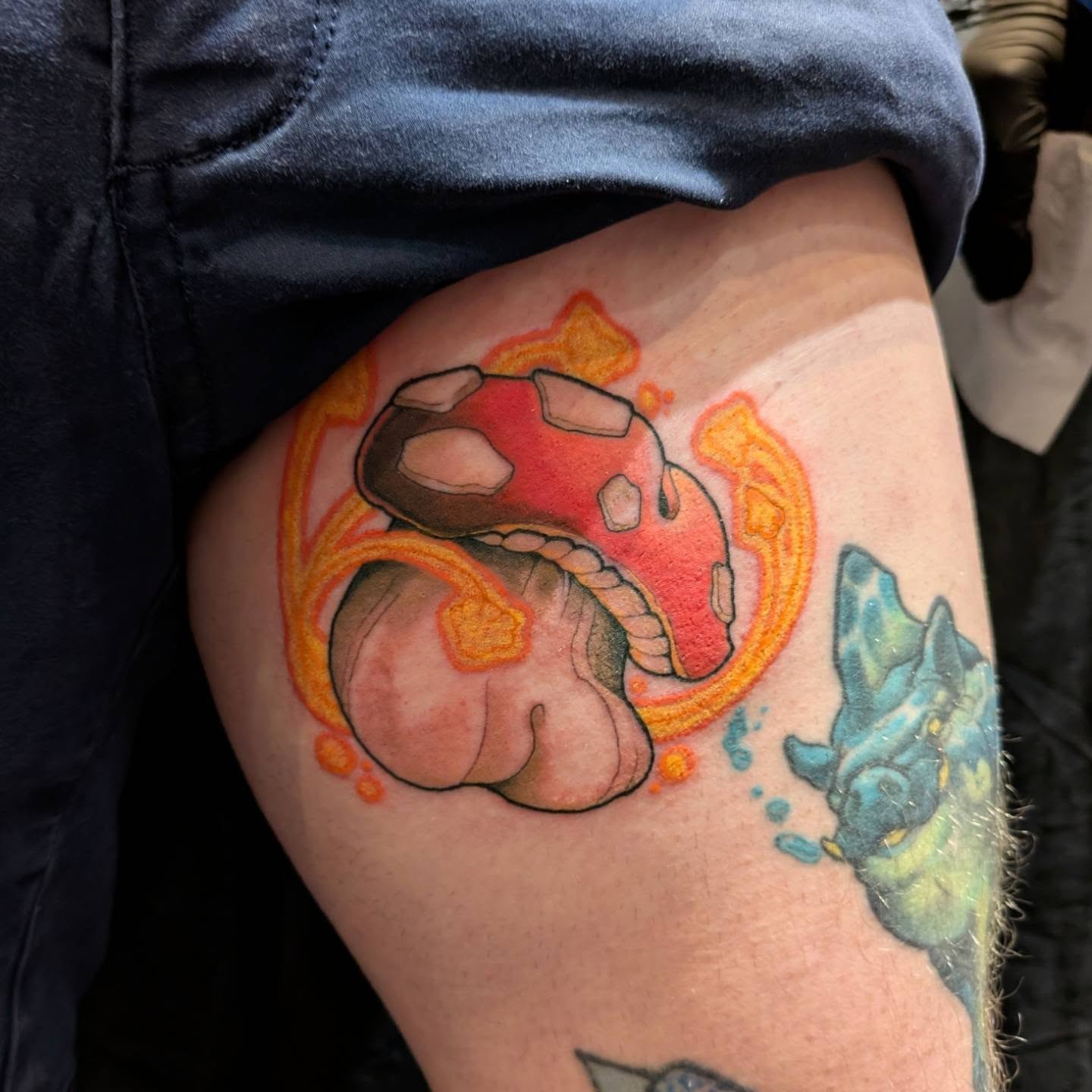 Dragon new school tattoo on the thigh by James Mullin