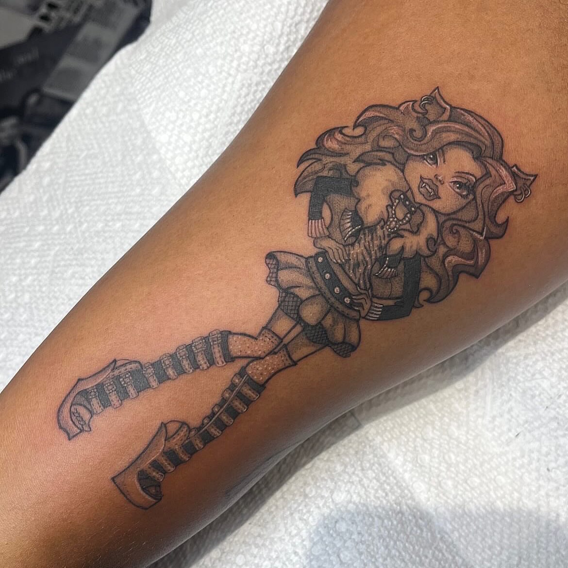 Woman with sword black and grey tattoo on the forearm by aurora