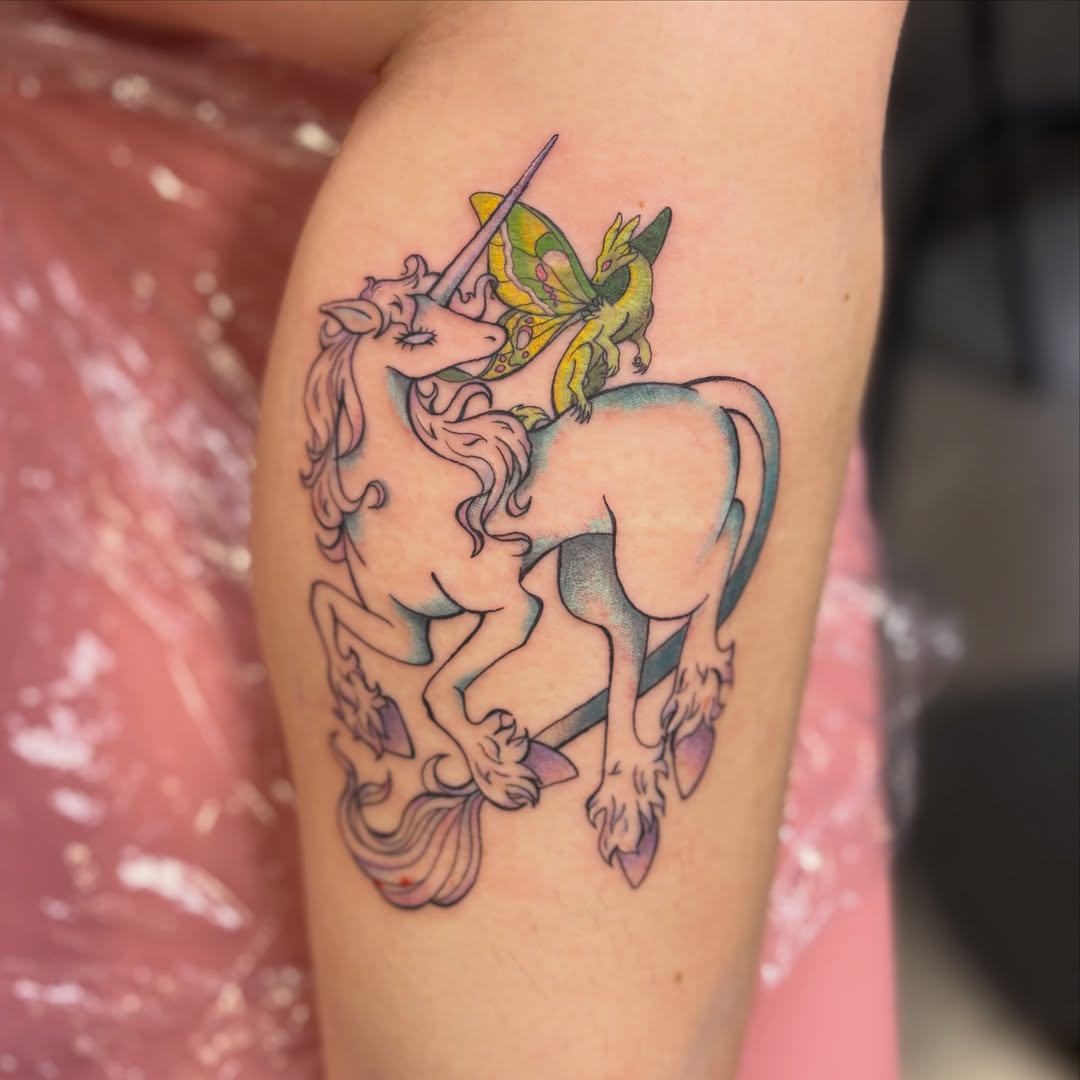 Unicorn and butterfly new school tattoo on the forearm by 🌸Lilac🌸