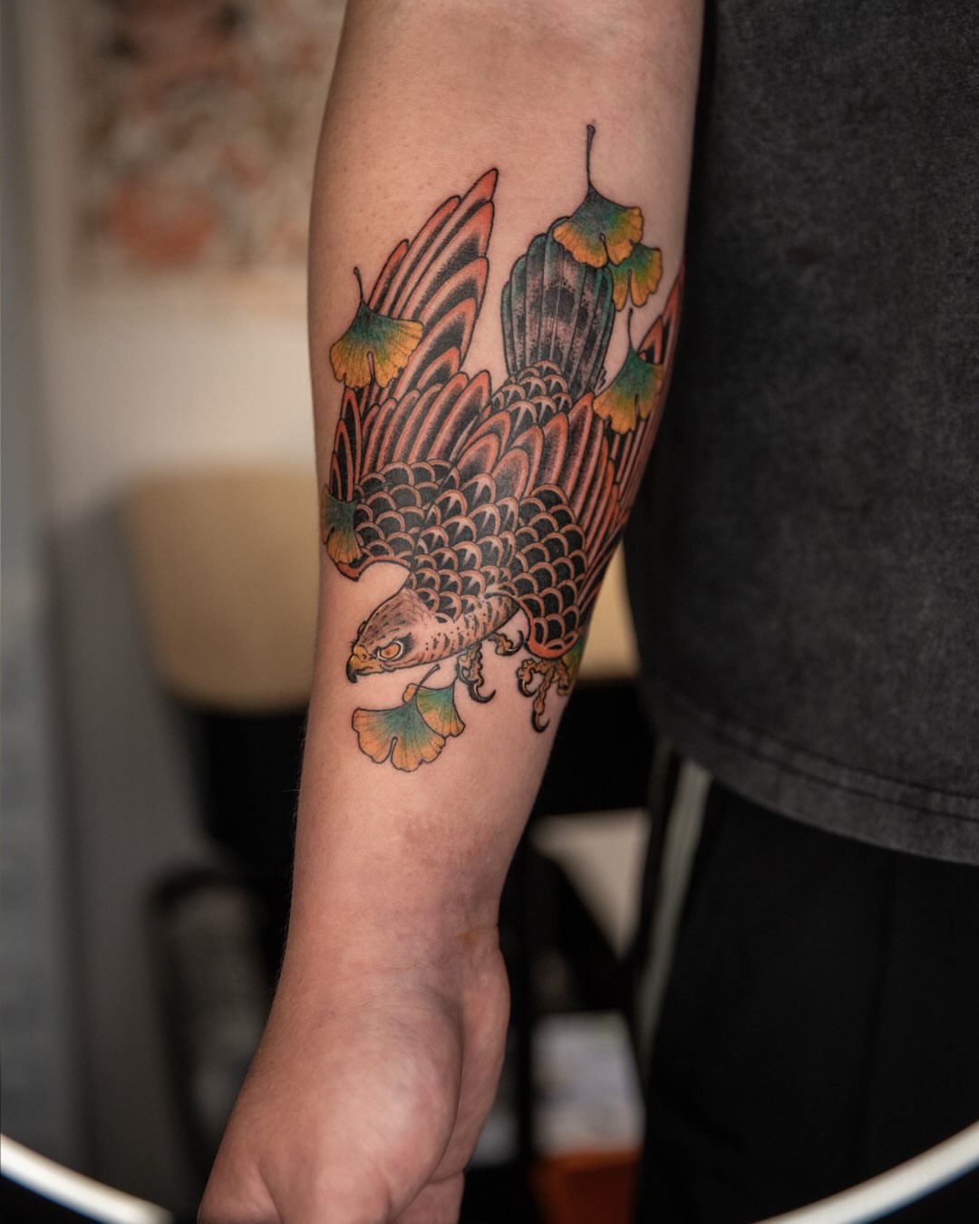 Bird with leaves japanese irezumi tattoo on the forearm by 홍대타투