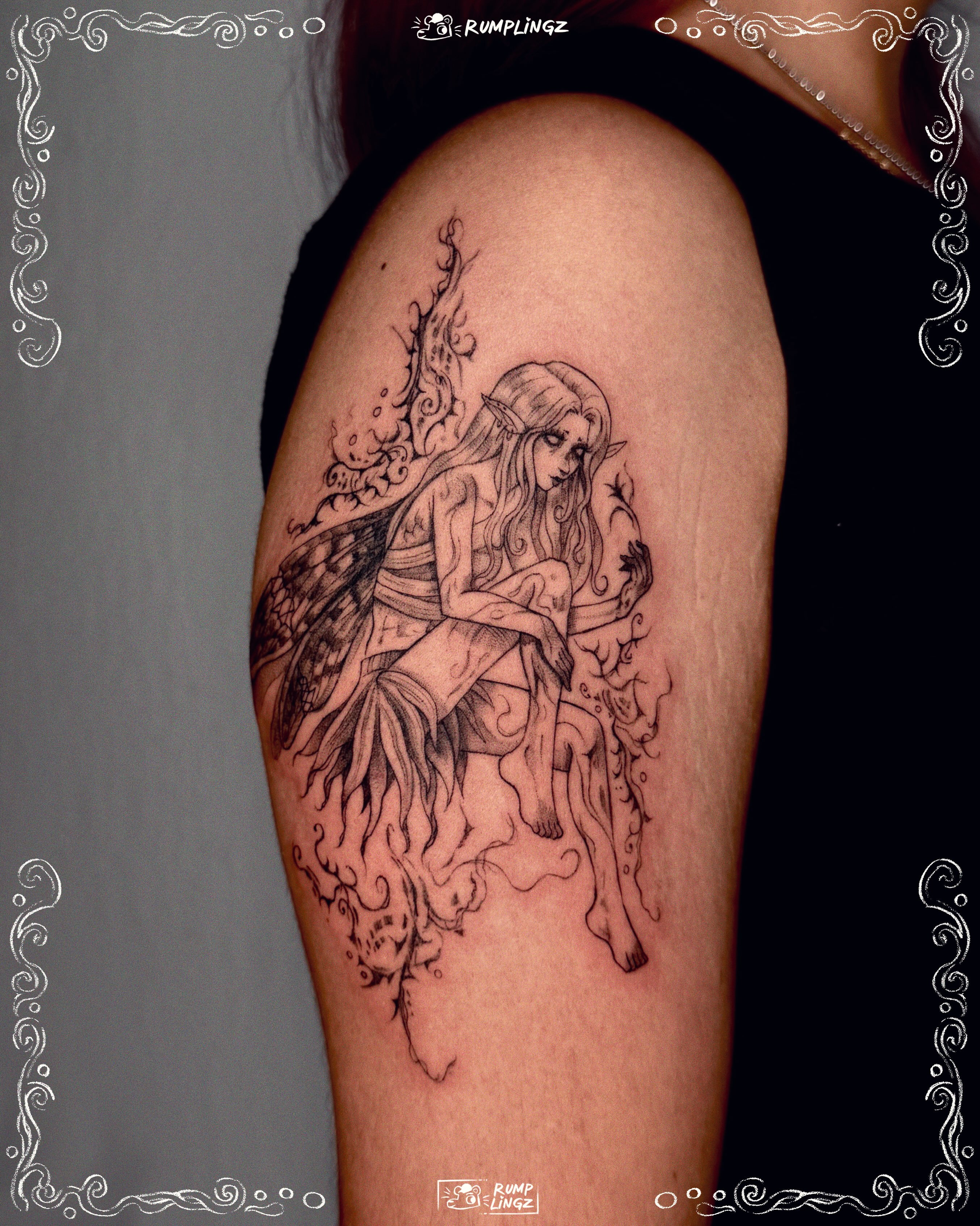 Elf black and grey tattoo on the thigh by 💗Rin tattoos💗
