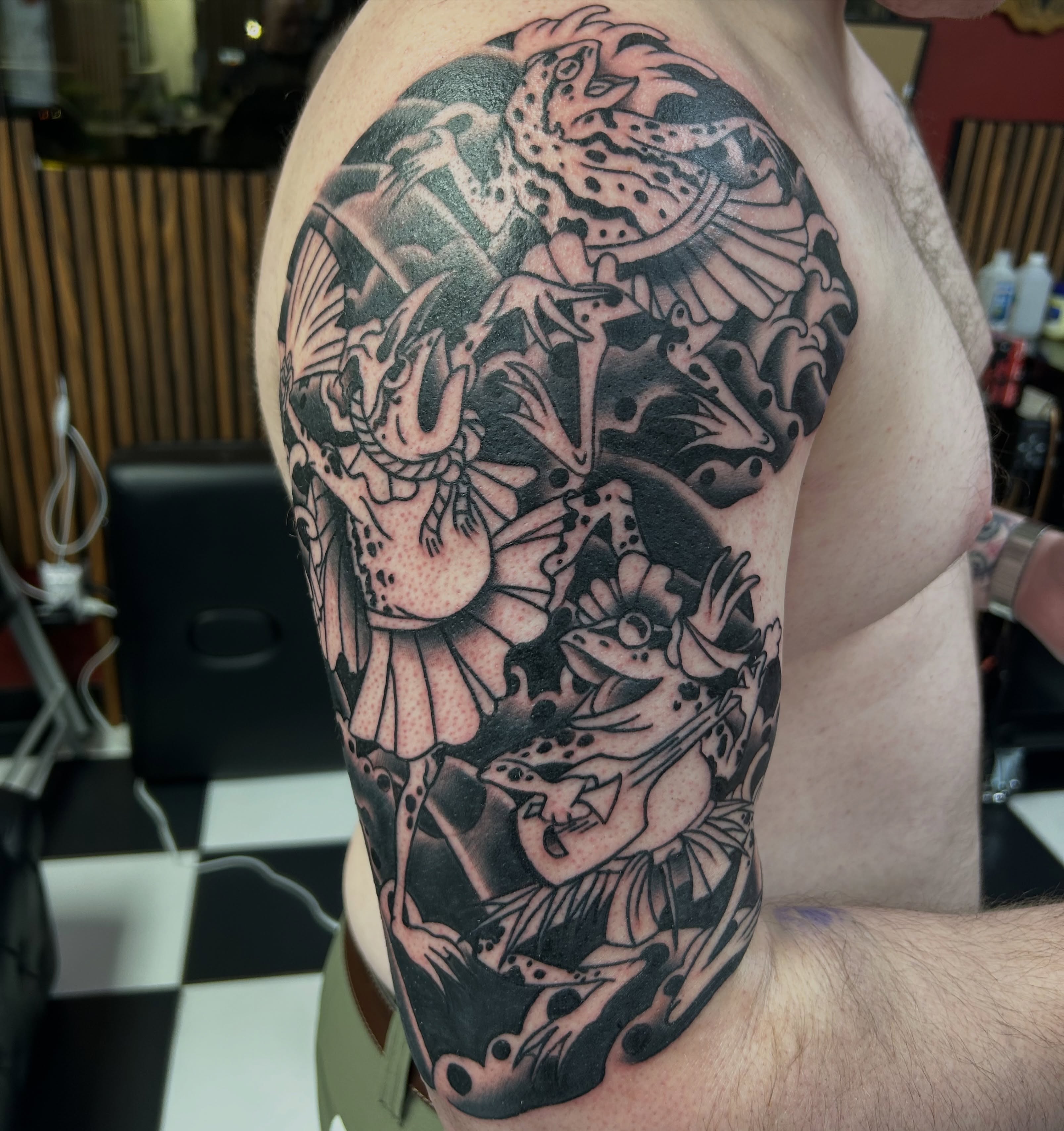Bird and flowers black and grey tattoo on the shoulder by Tattoos by Corey aka MrLu