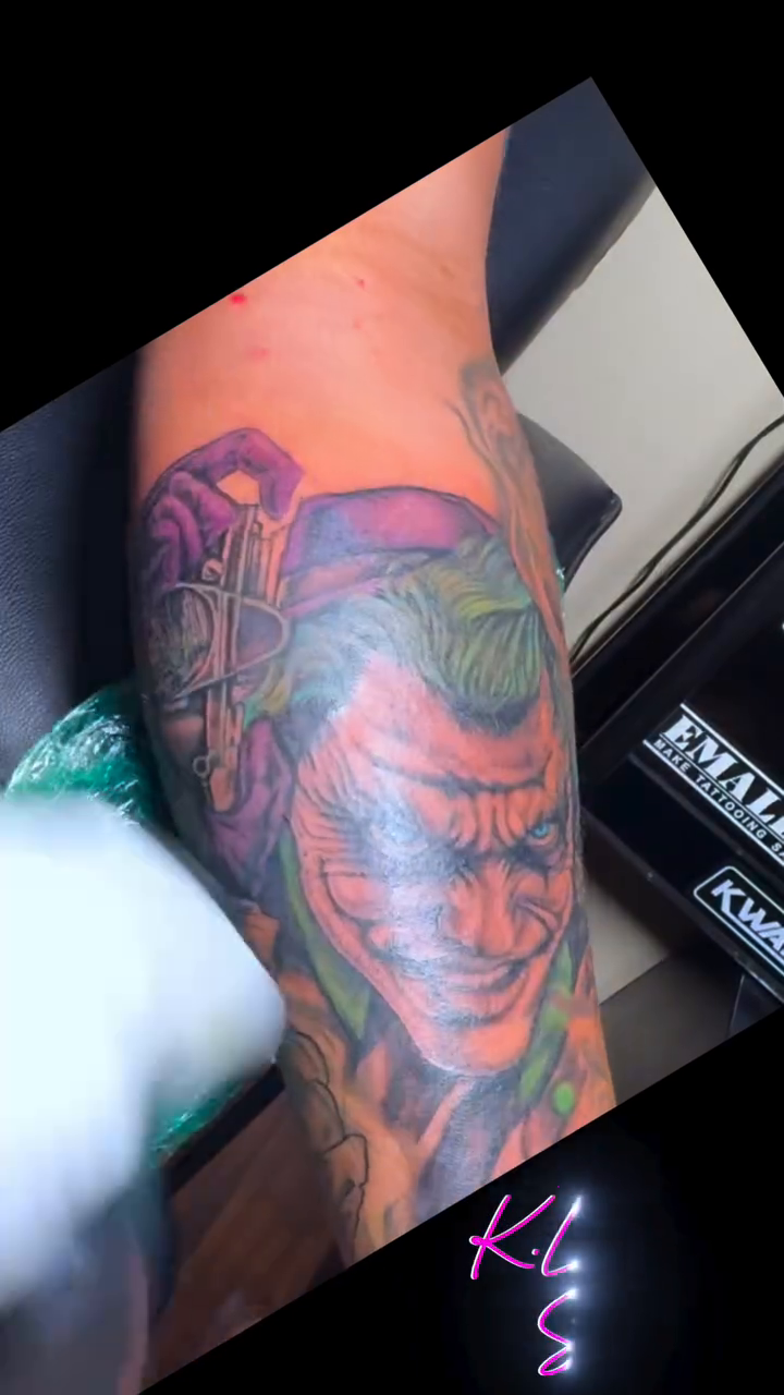 Joker portrait realism tattoo by K.L Tattoo Uptown