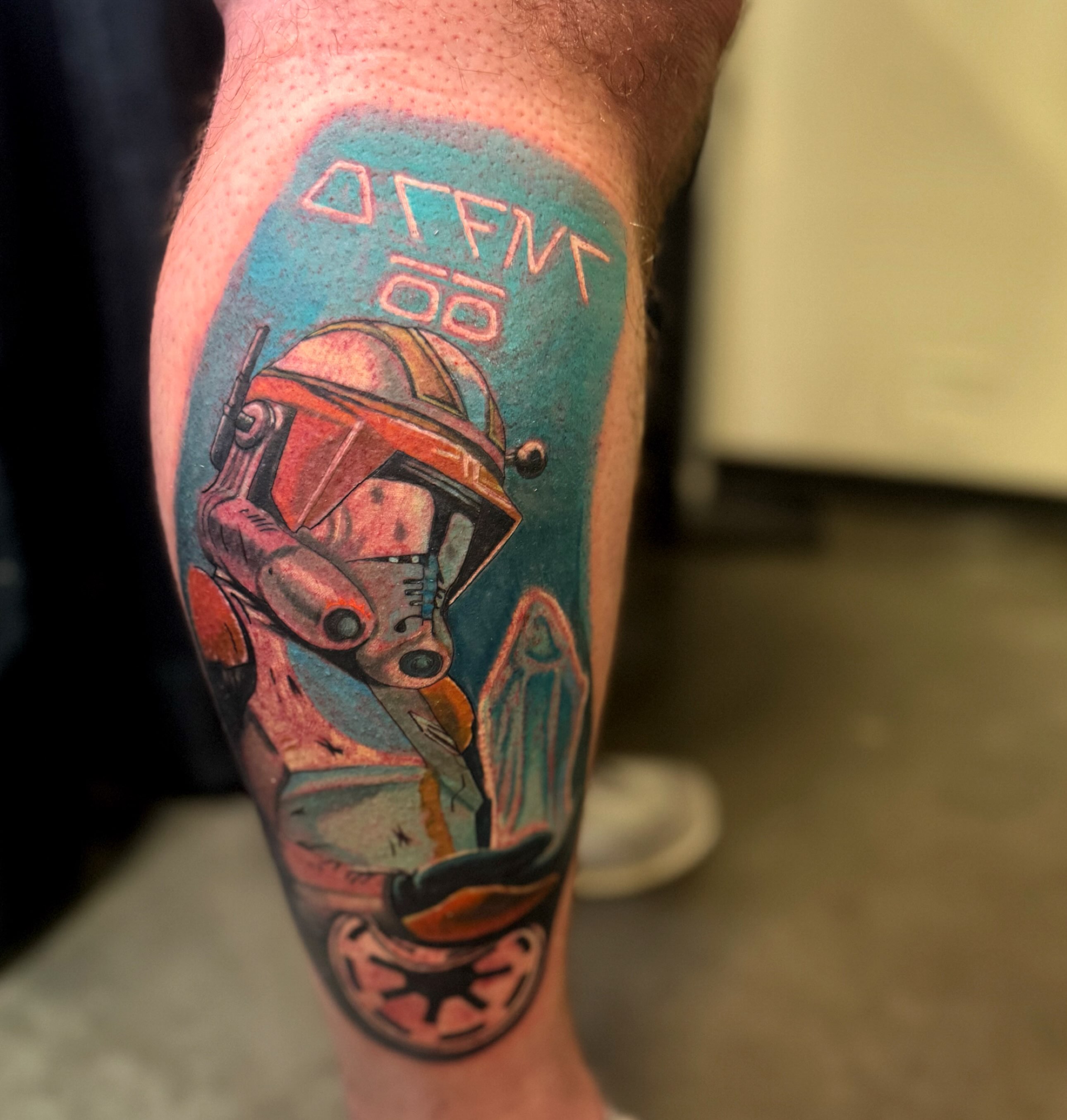 Boba fett helmet realism tattoo on the forearm by Chris Adkins Tattoos, Chattanooga, Tennessee