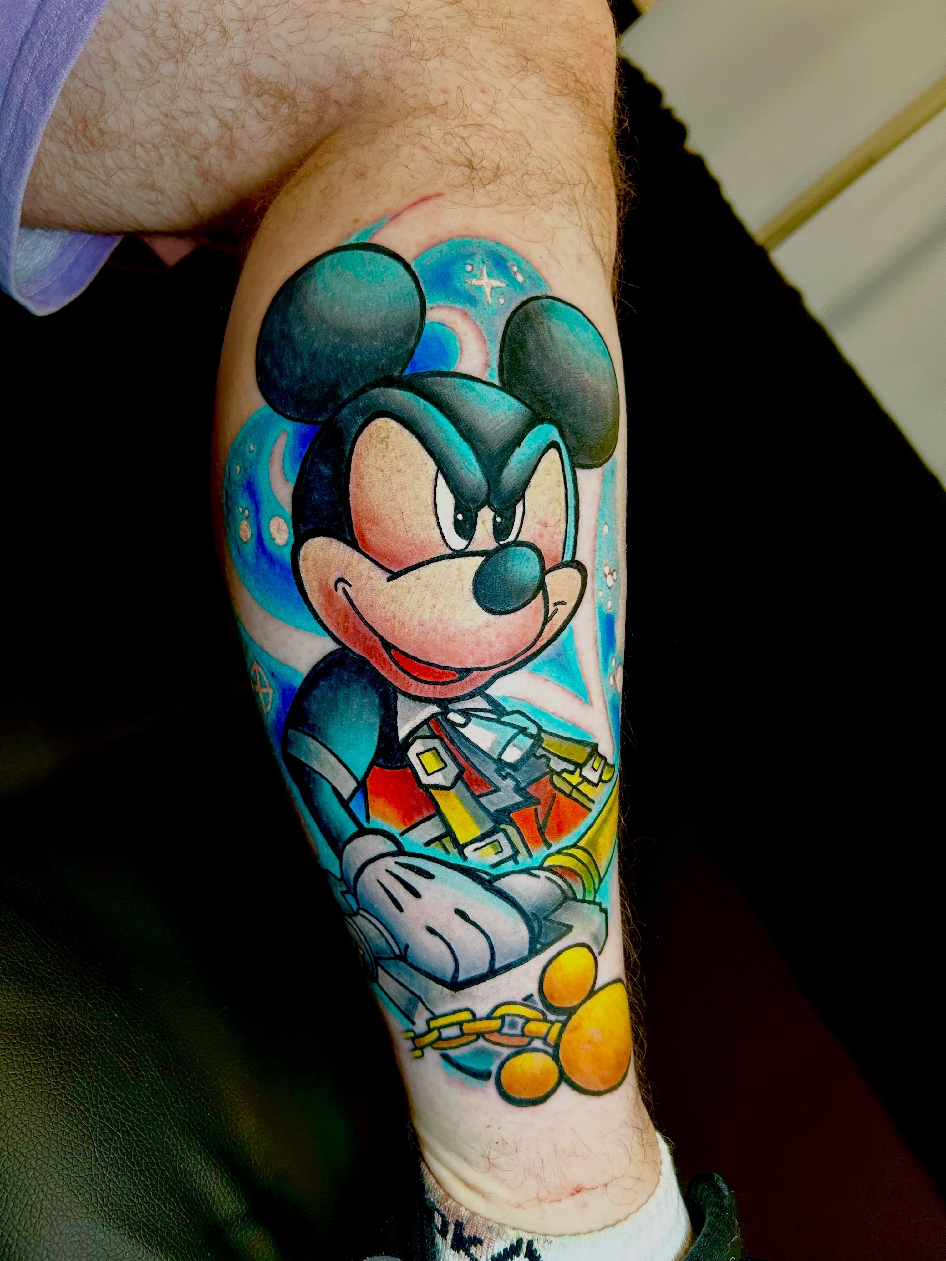 Mickey mouse new school tattoo on the forearm by Austin Young