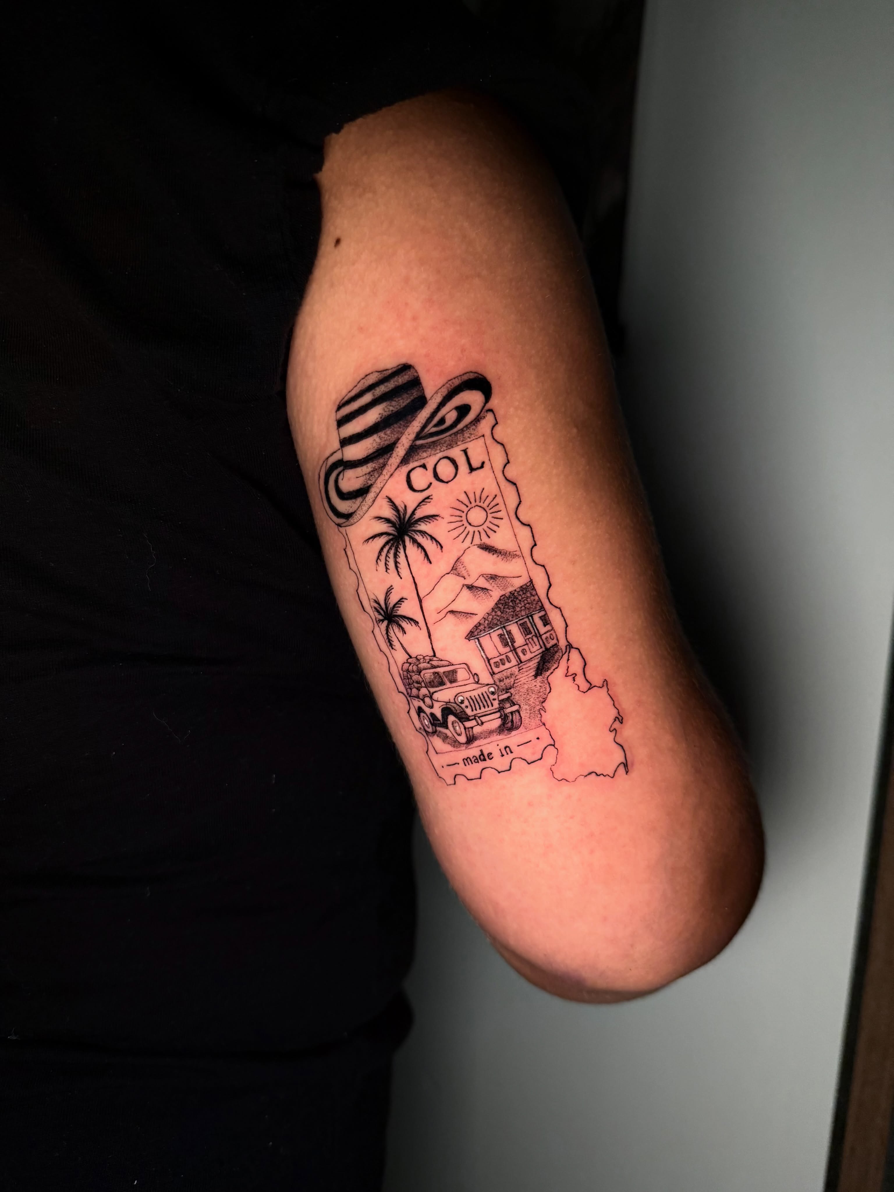 Map with jeep black and grey tattoo on the forearm by Sebastian martinez, Memphis, Tennessee