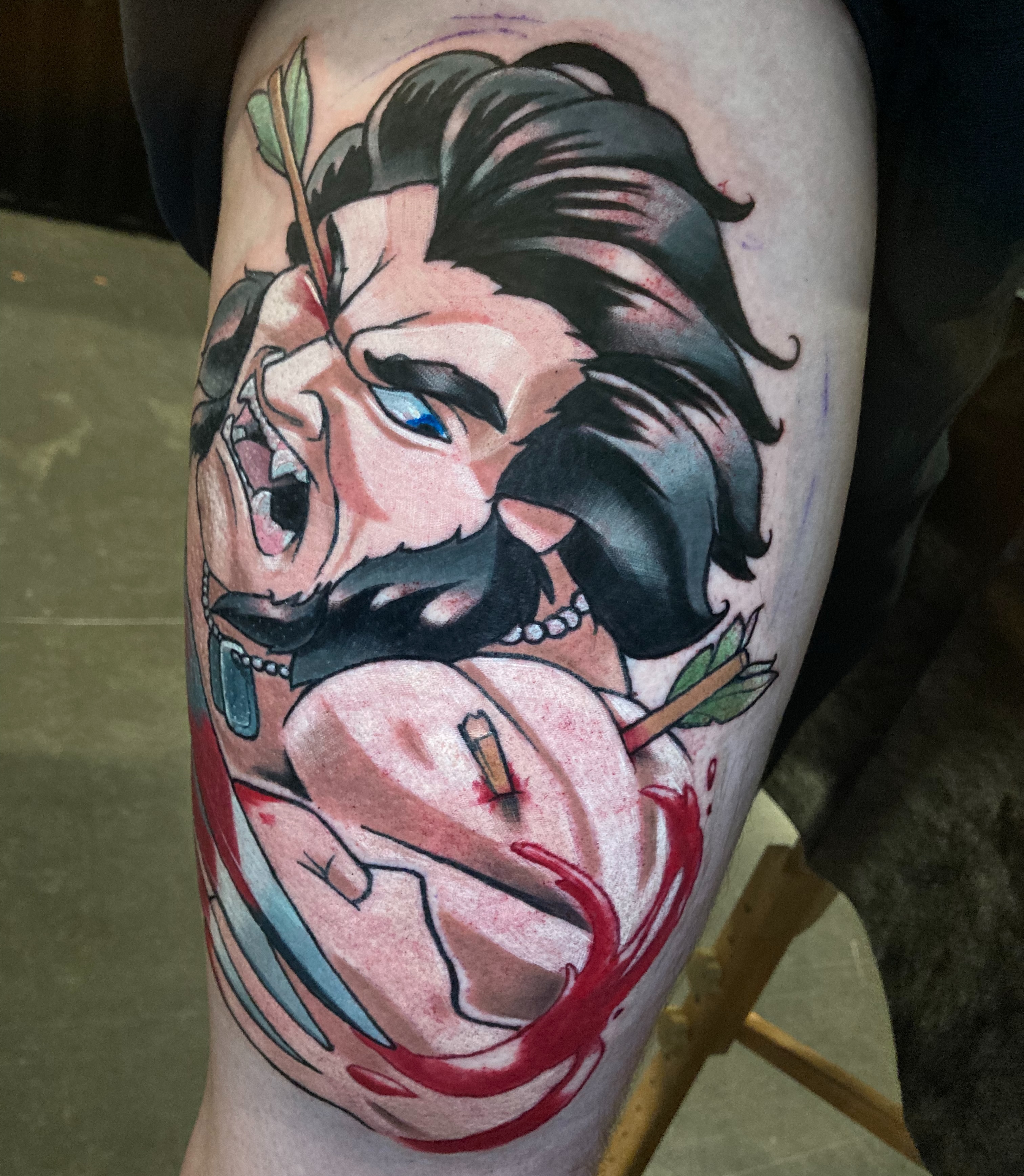 Man with arrow anime tattoo on the thigh by Eathan Hale-(East TN) Newschool Tattoo Artist