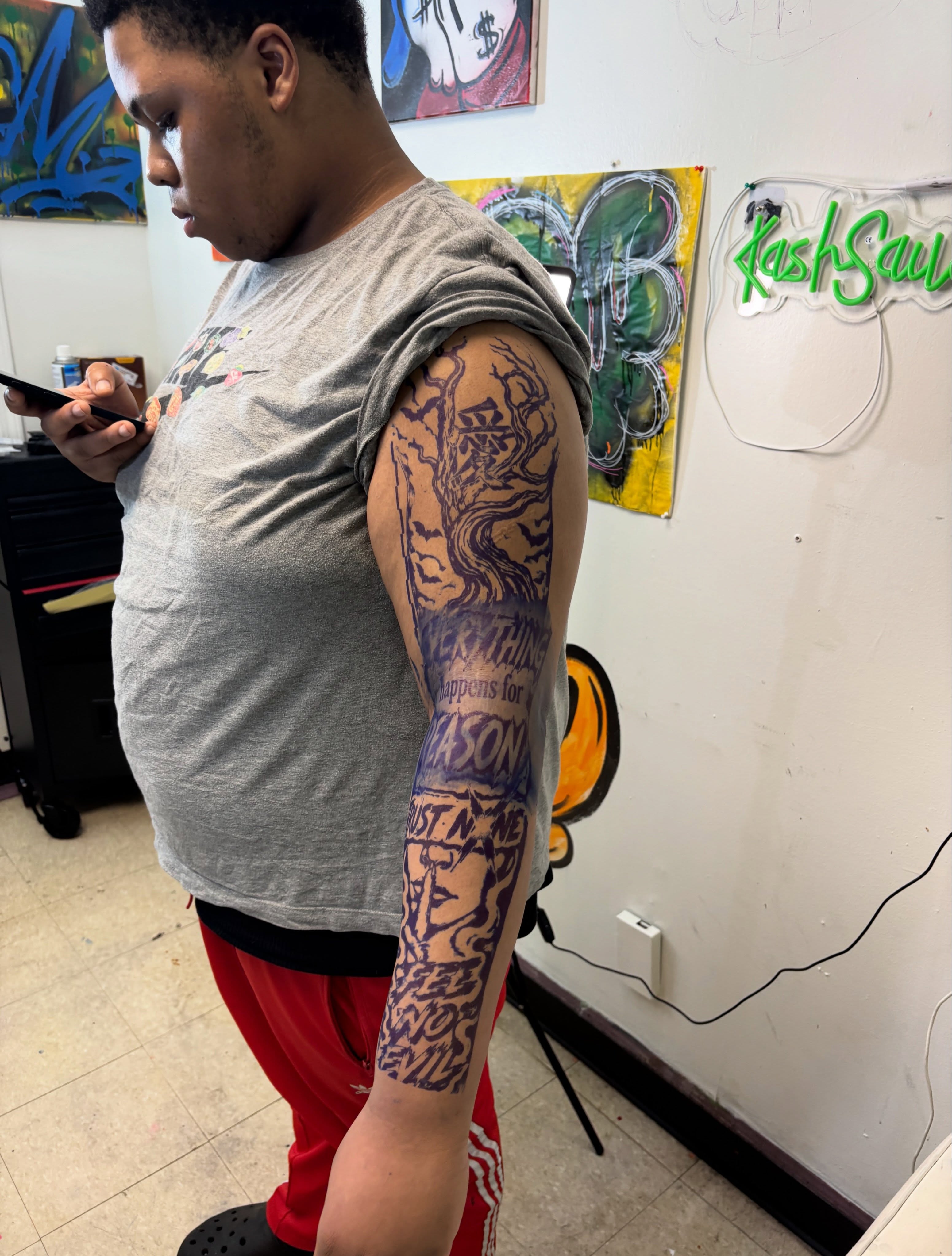 Tree and script American traditional tattoo on the forearm by Exotic Motion🌪️