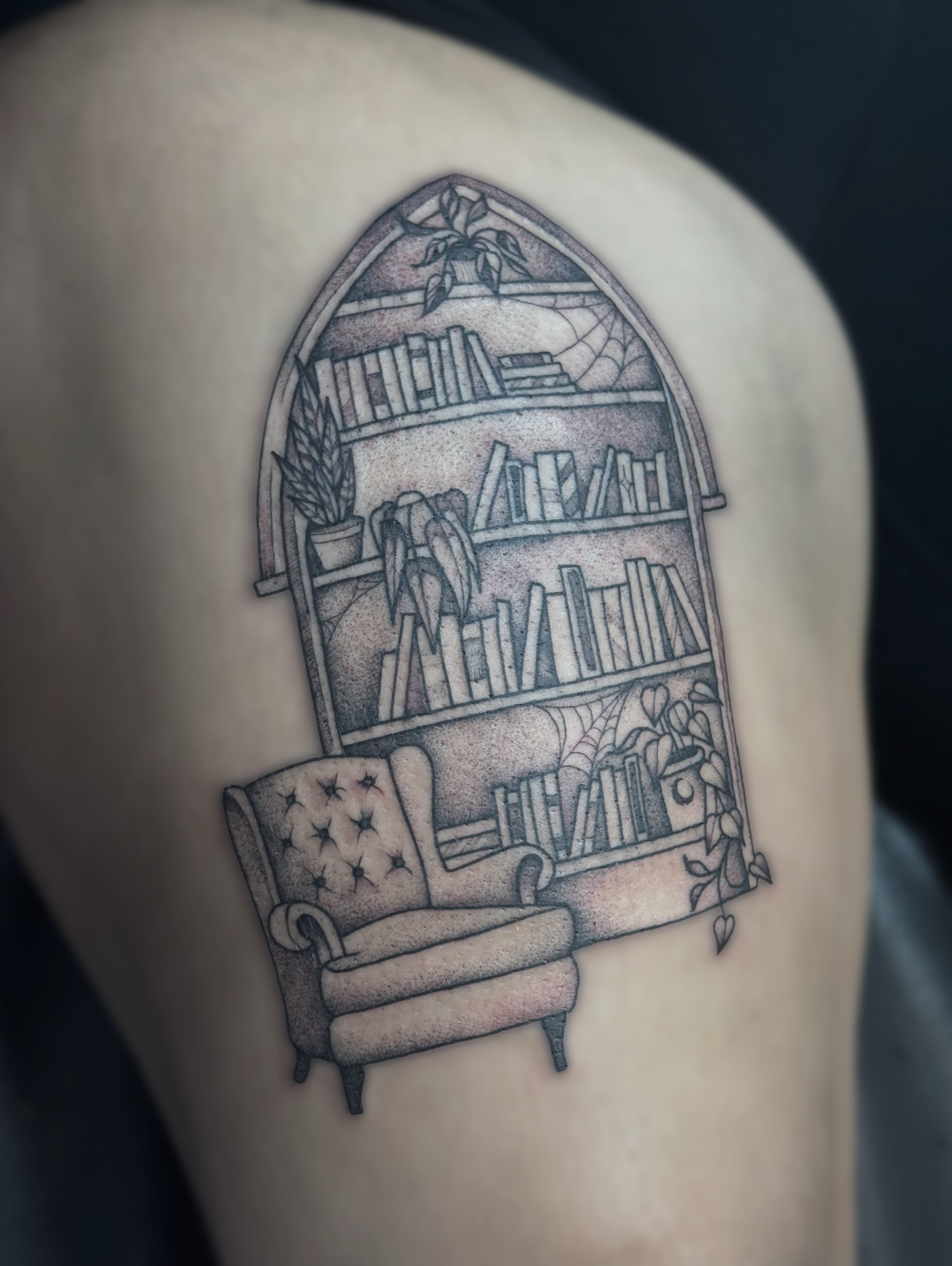 Bookshelf and armchair dotwork tattoo on the thigh by Kelsey 🖤 Tattoo Artist, Waterford Township
