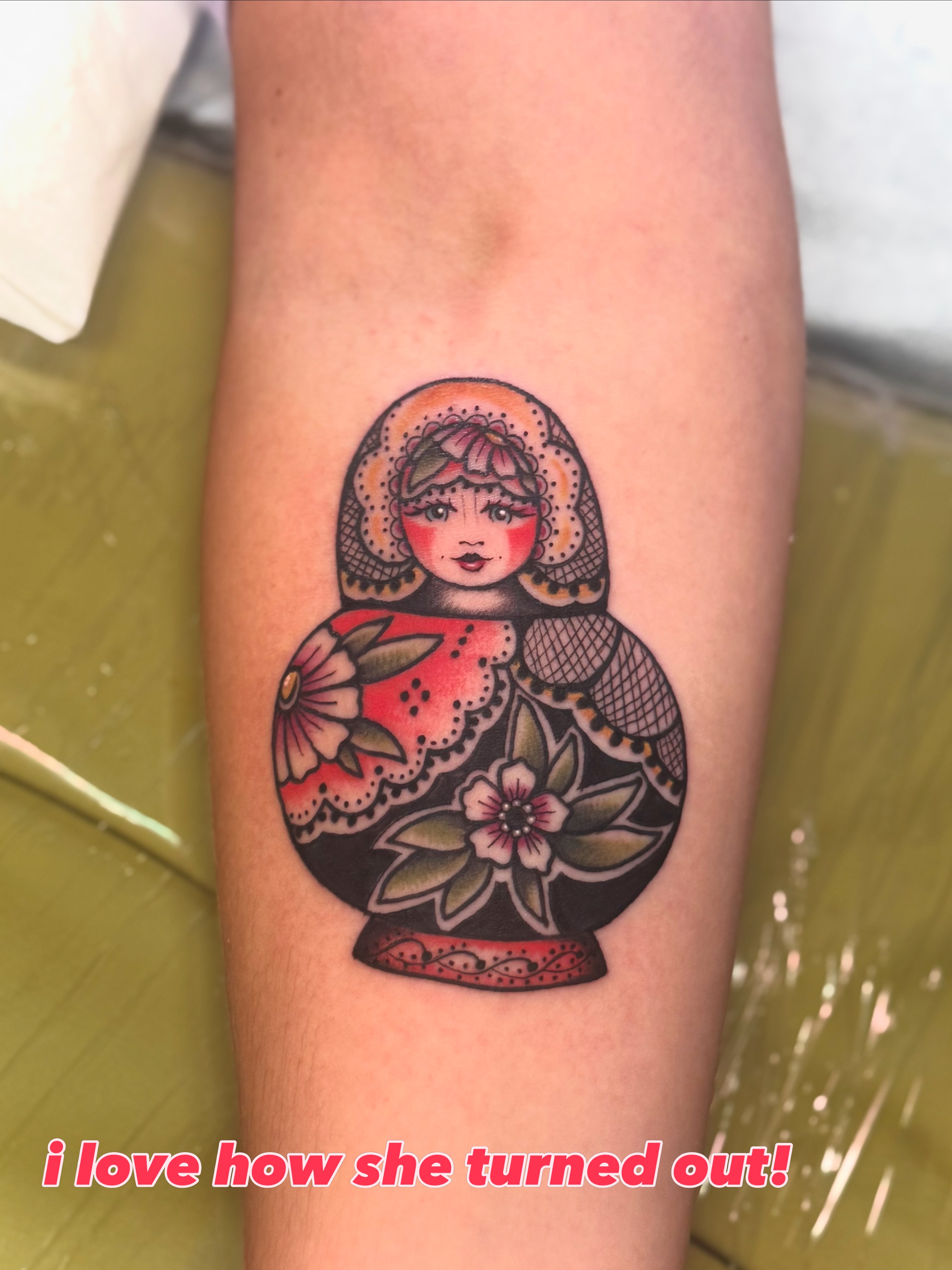 Matryoshka doll American traditional tattoo on the forearm by laura baldwin