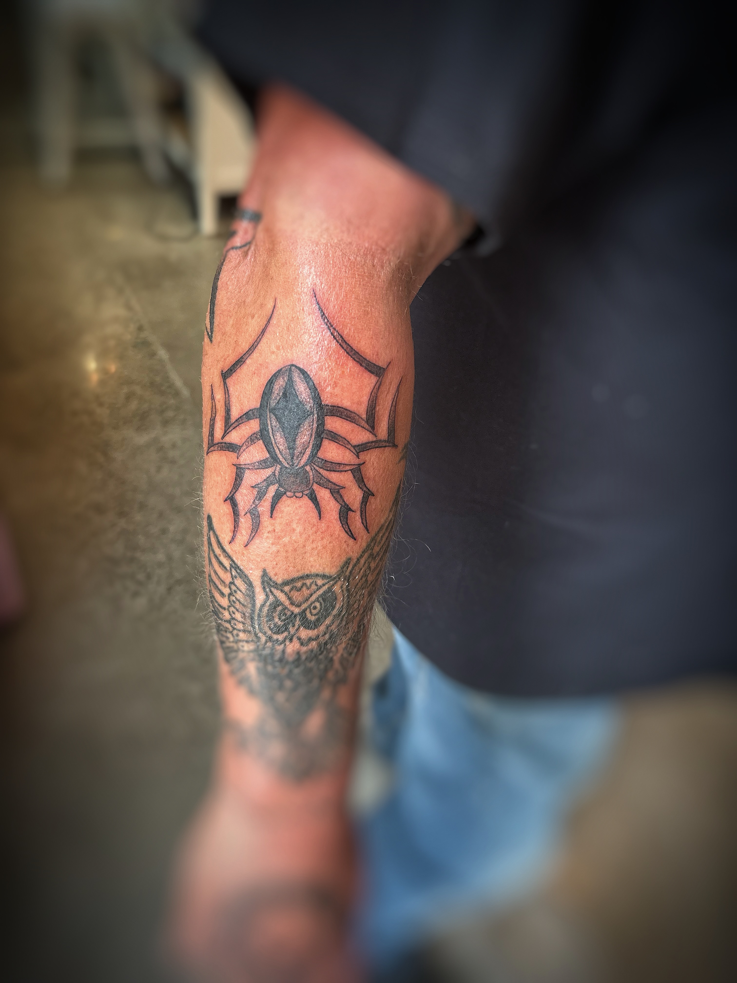 Spider black and grey tattoo on the forearm by Holly