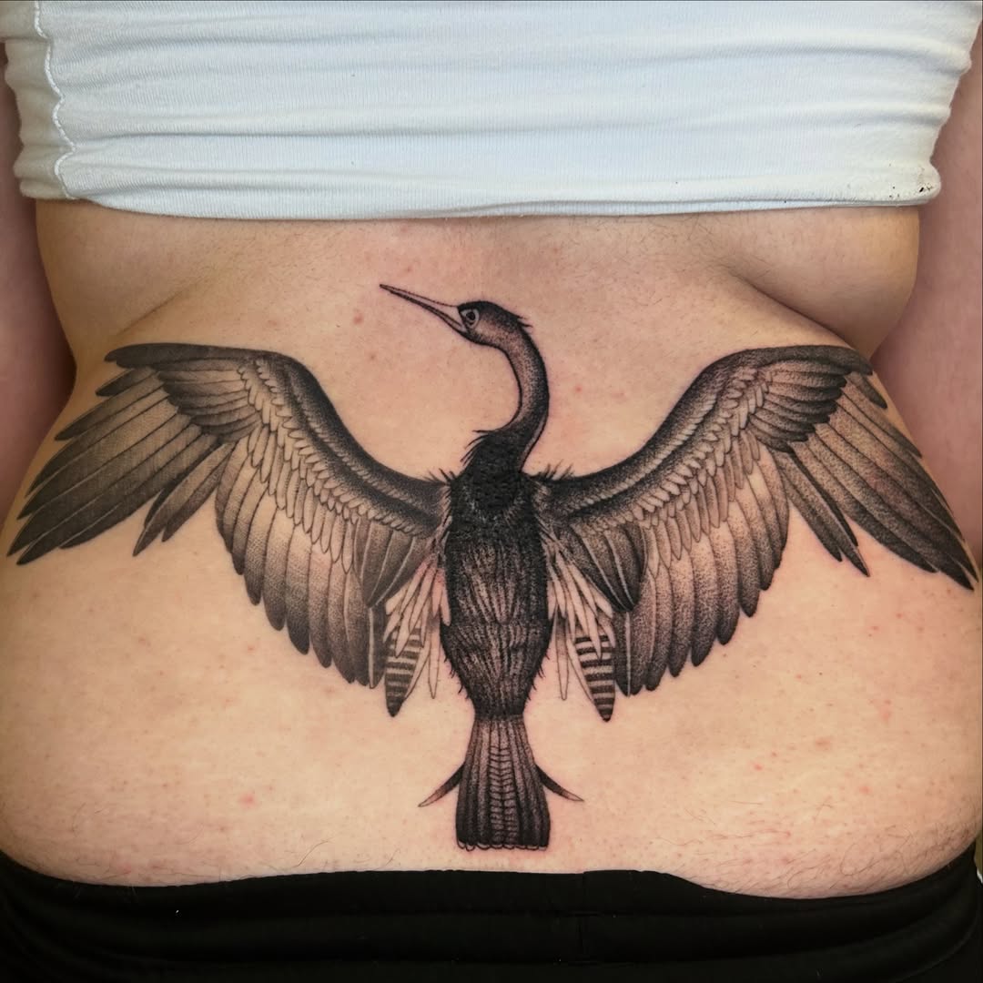 Bird black and grey tattoo on the torso by Cassy D, Miami, Florida
