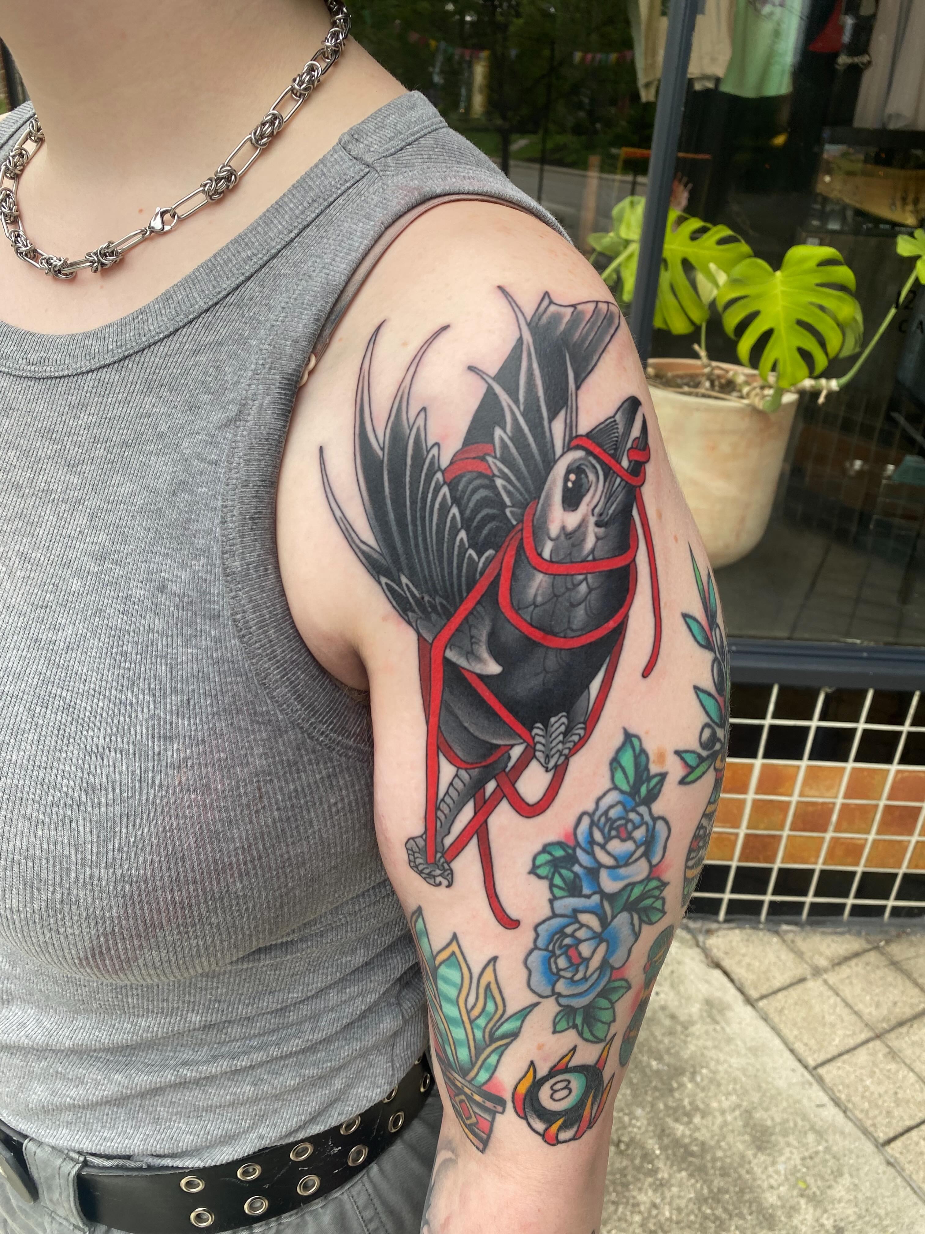 Bird with wings American traditional tattoo on the shoulder by Kyle Kozek, Columbus, Ohio