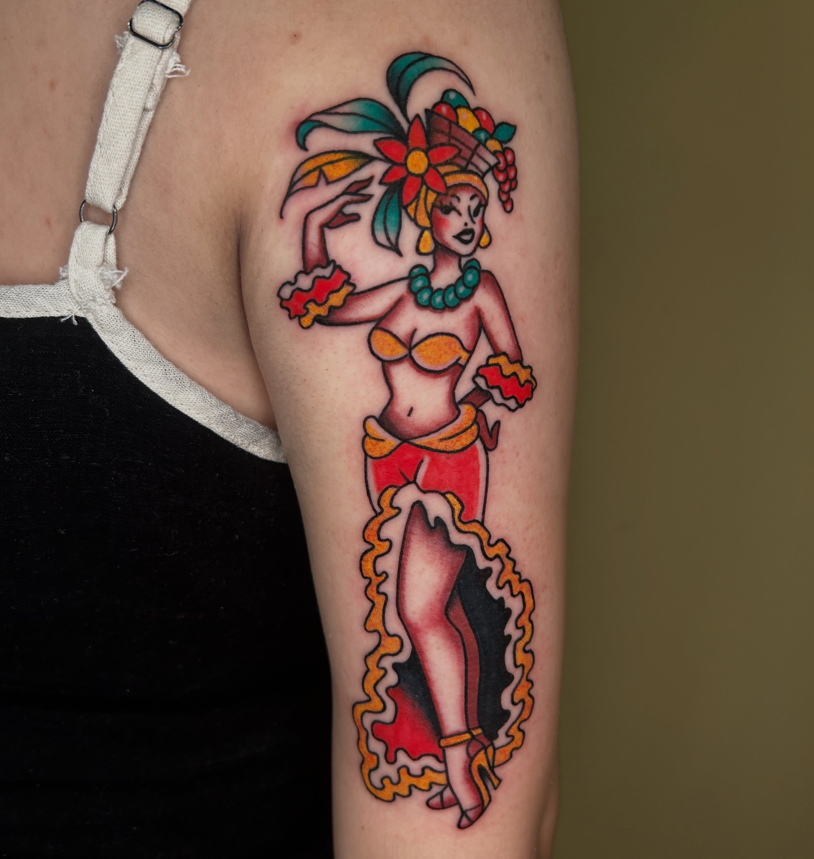 Hula dancer American traditional tattoo on the forearm by Cassy D, Miami, Florida