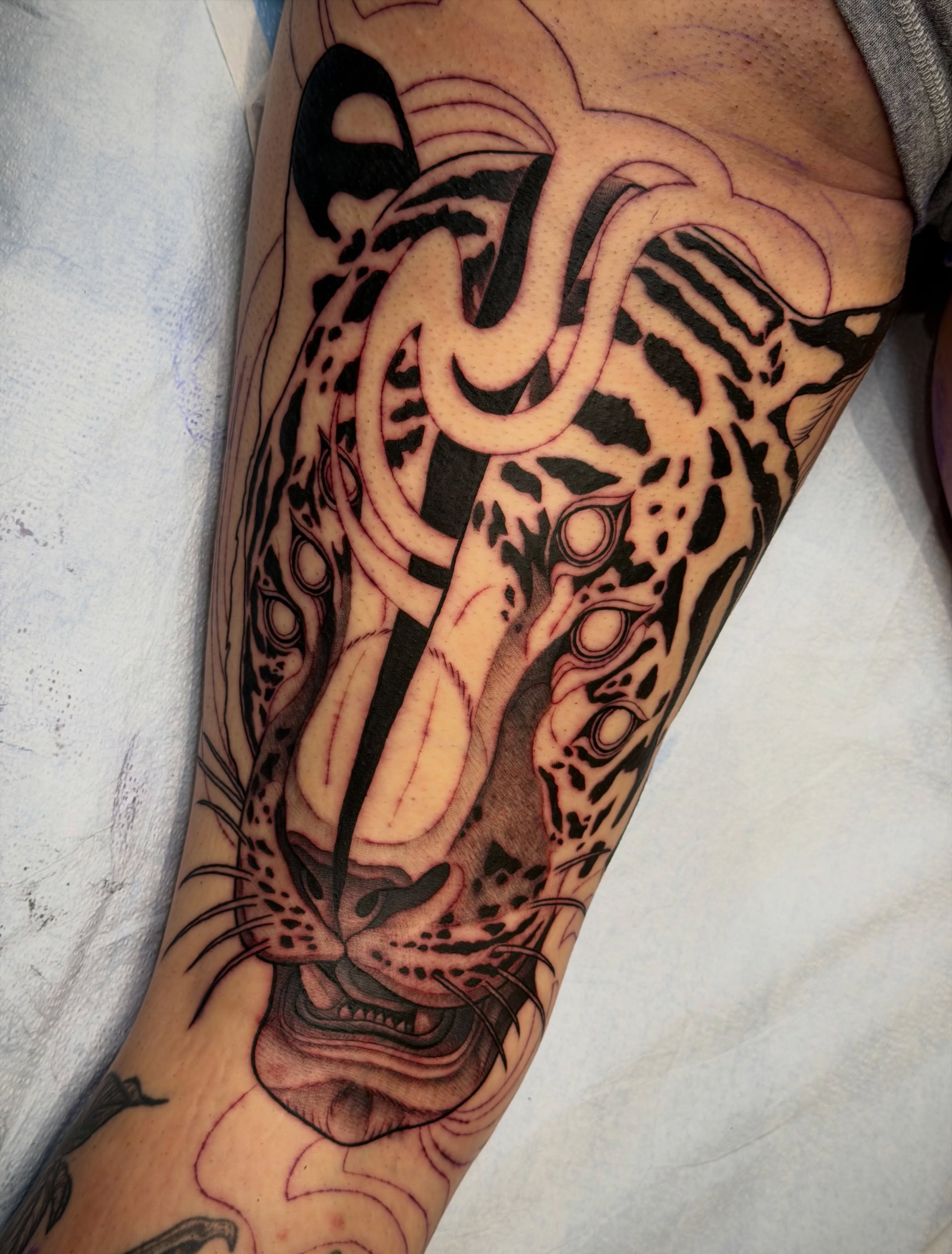 Jaguar realism tattoo on the forearm by Mia Manzanedo