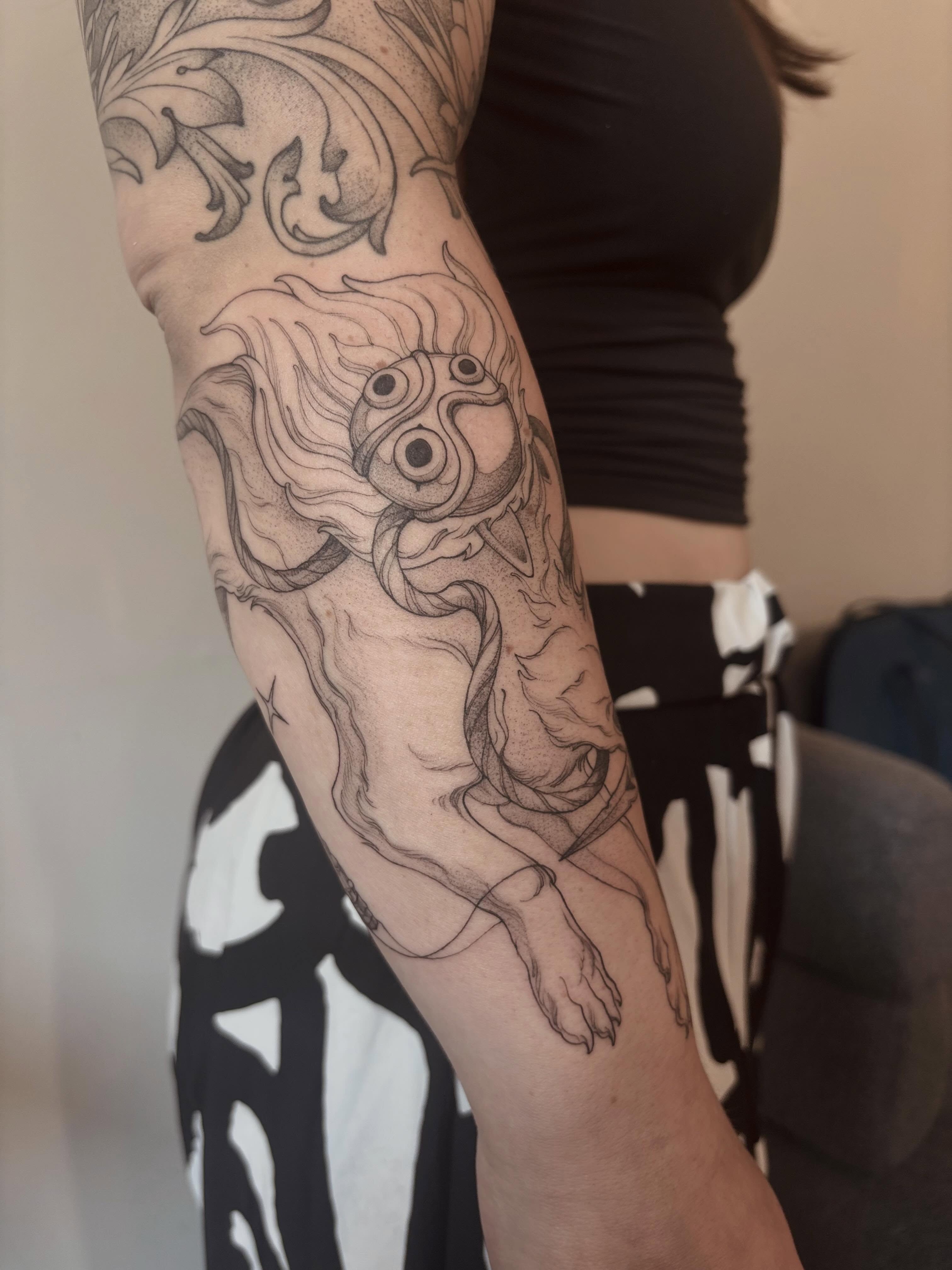 Abstract creature dotwork tattoo on the forearm by vaprol tattoo ✧ Boston