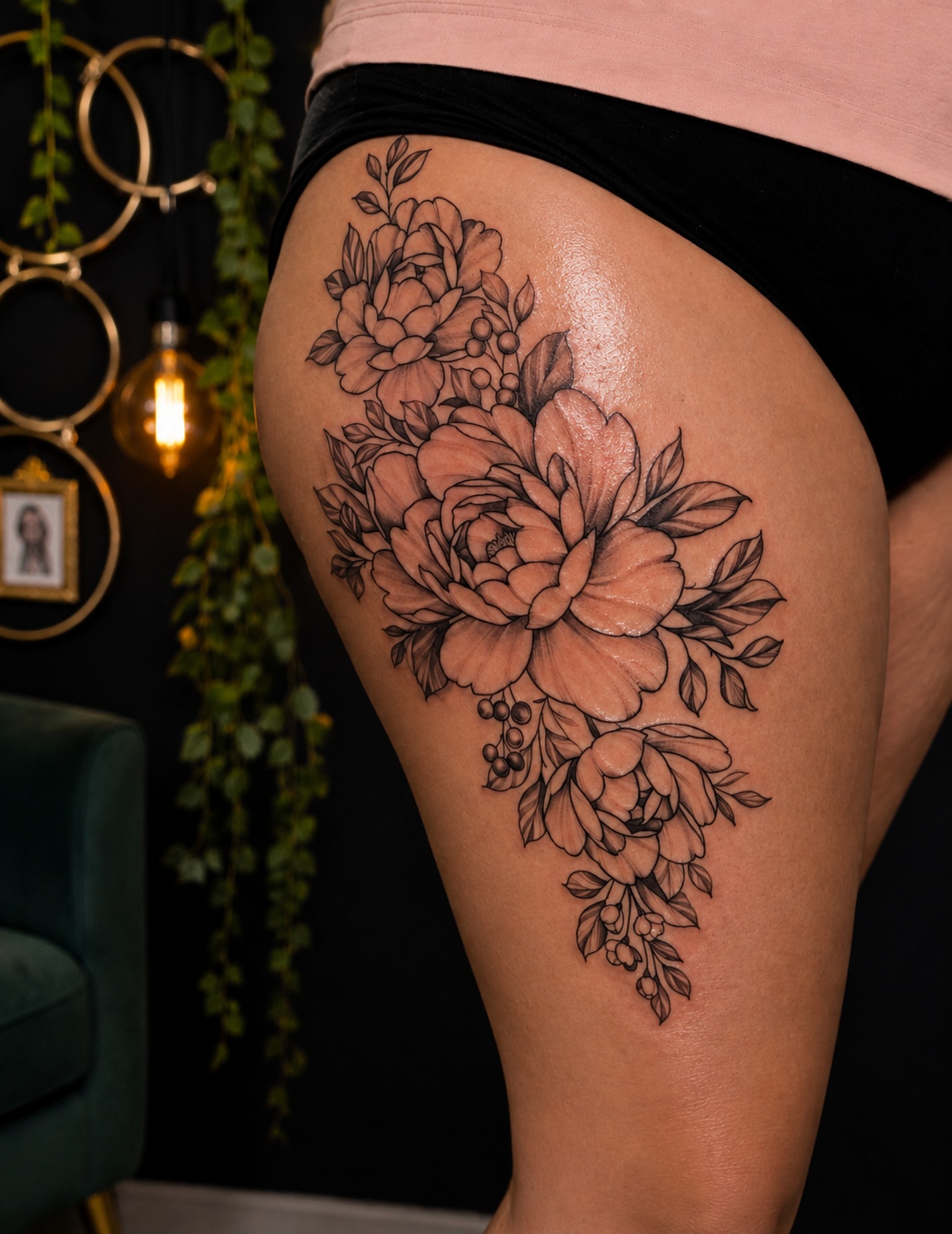Floral bouquet black and grey tattoo on the thigh by JAmy Winters