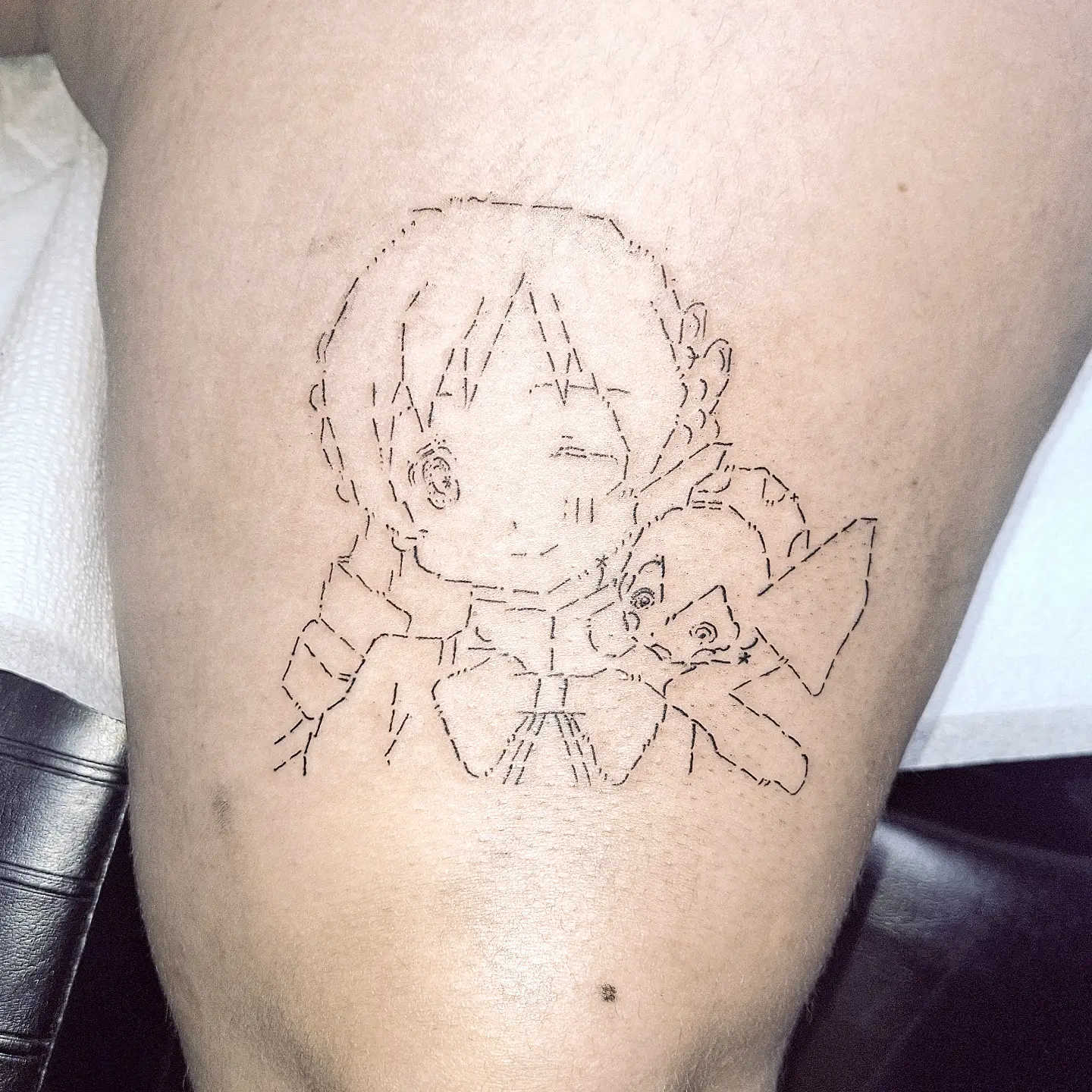 Anime character anime tattoo on the thigh by hallowed girl tattoo