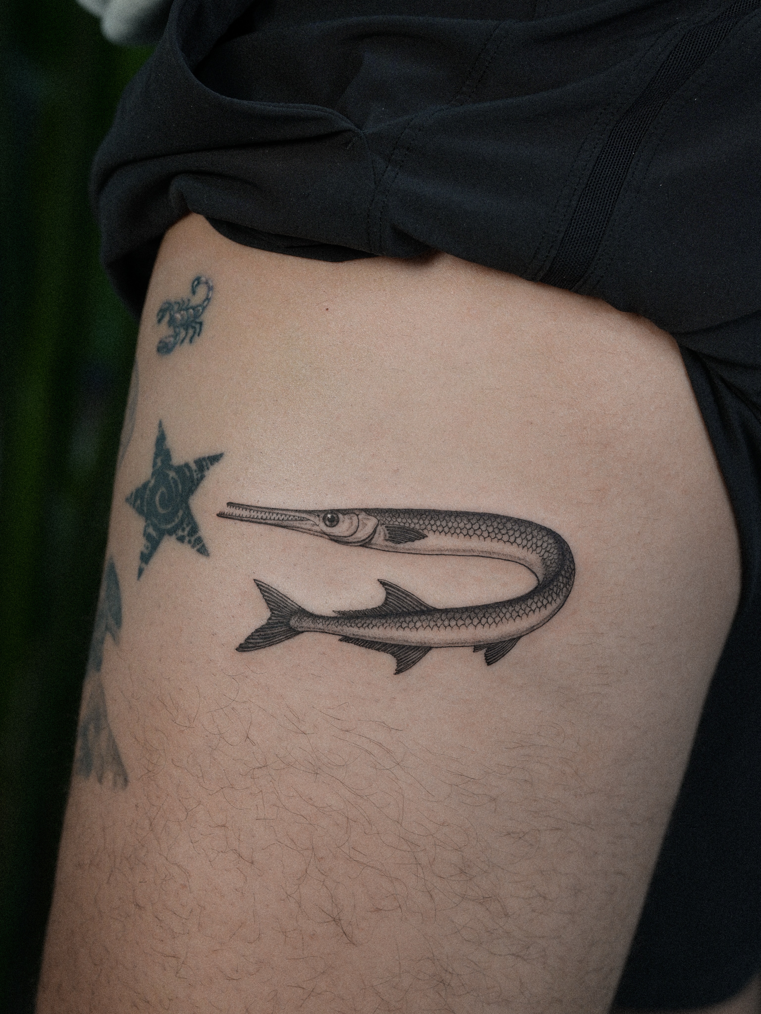 Swordfish black and grey tattoo on the thigh by Jena